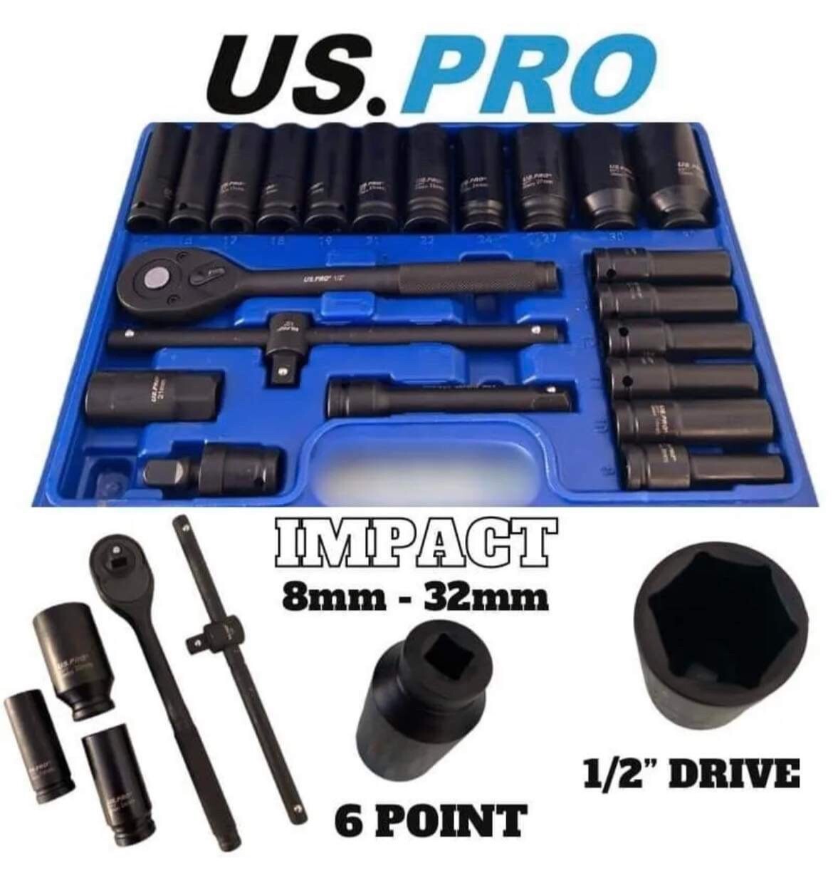 US PRO IMPACT 1/2″ Drive Socket Set 8mm – 32mm Ratchet Extension Bar U Joint Set
