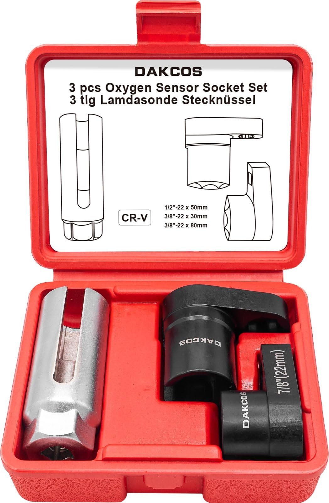 DAKCOS 3pcs Oxygen Sensor Socket Set, 1/2″ 3/8″ Drive 22mm (7/8″) Lambda Sensor