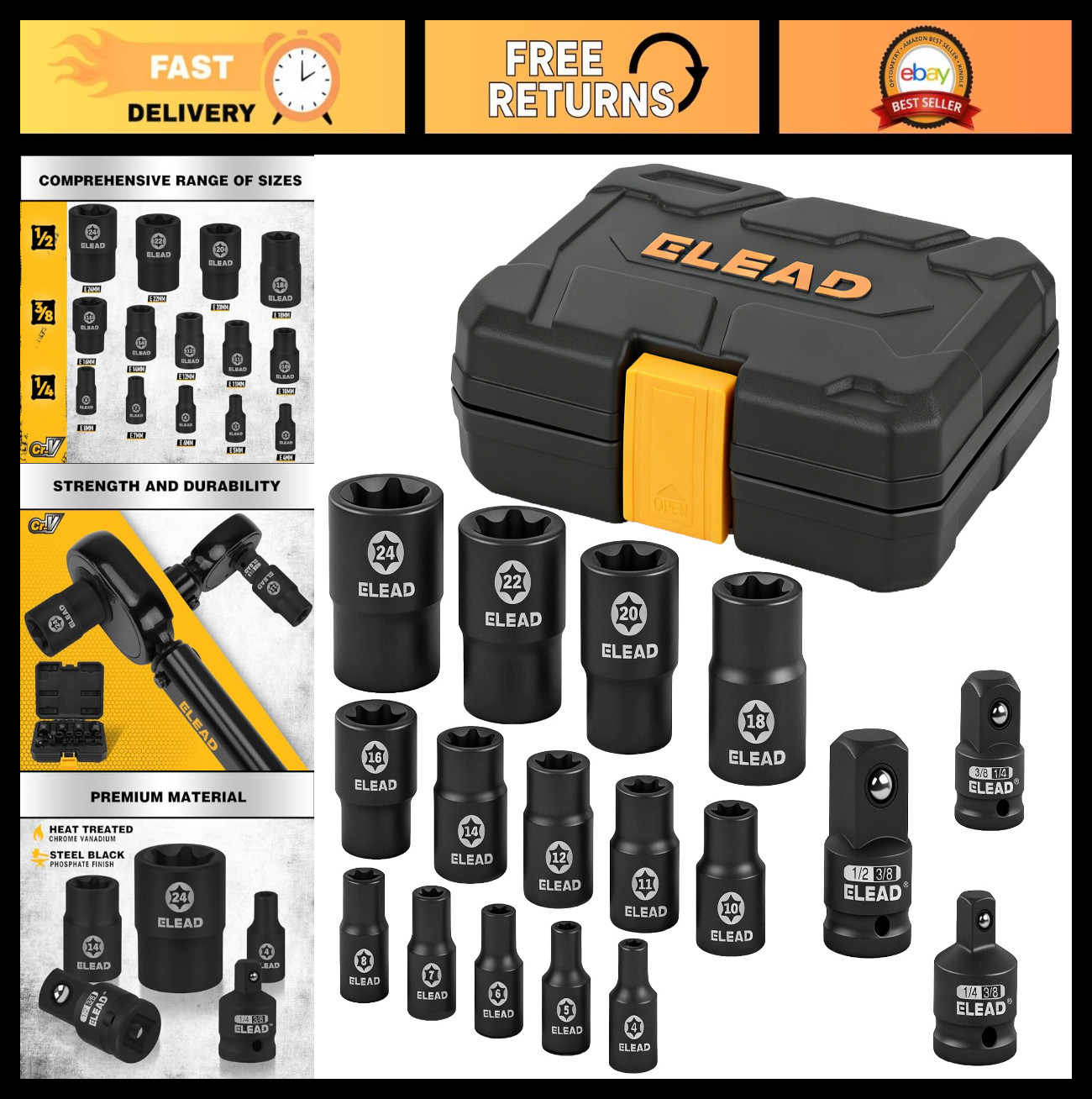 17-Piece Inverted E-Torx Socket Set – Impact Cr-V Steel Star Female Sockets E4-E