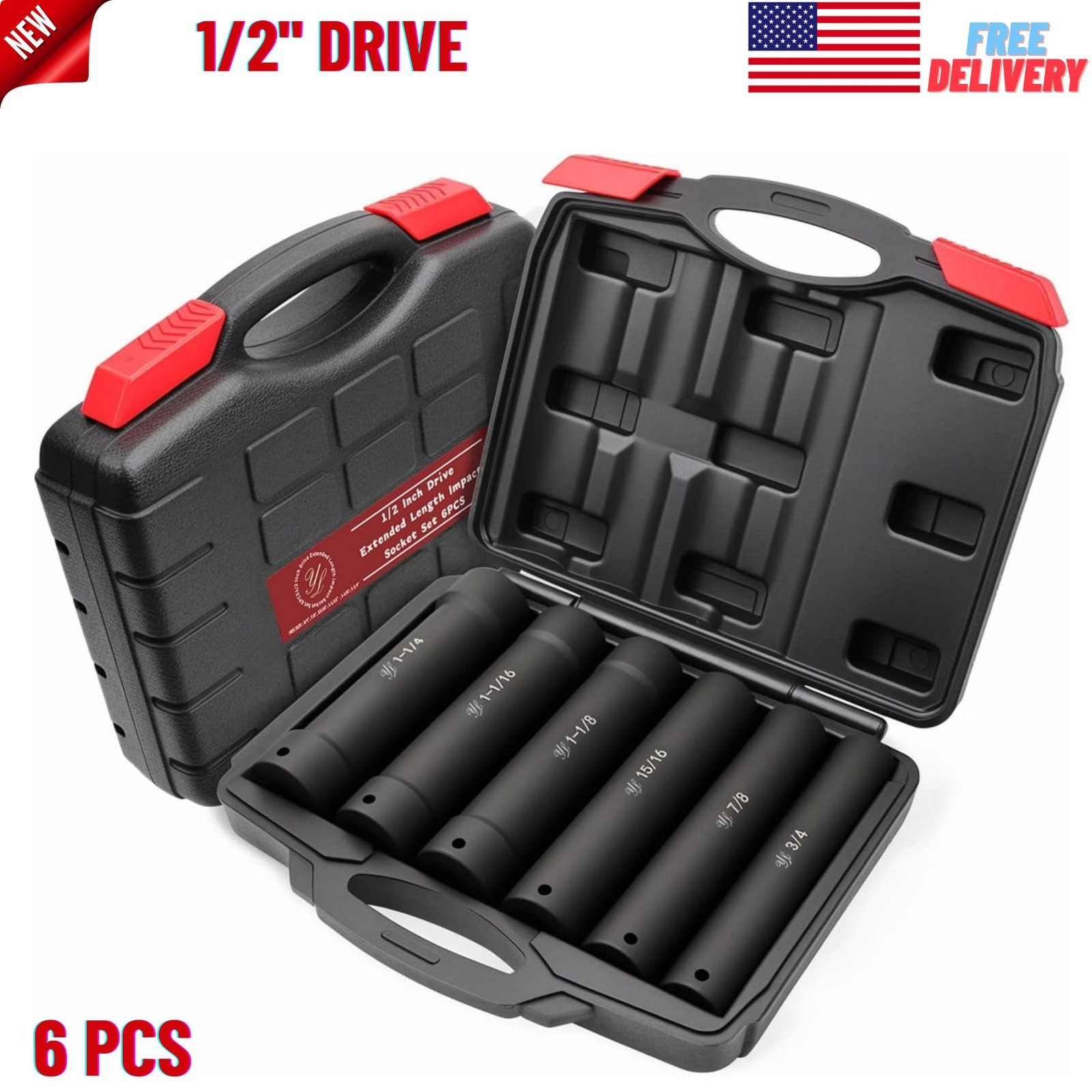 6Pcs 1/2″ Drive Extended Length Impact Socket Set, SAE Unit Sizes 3/4″ to 1-1/4″