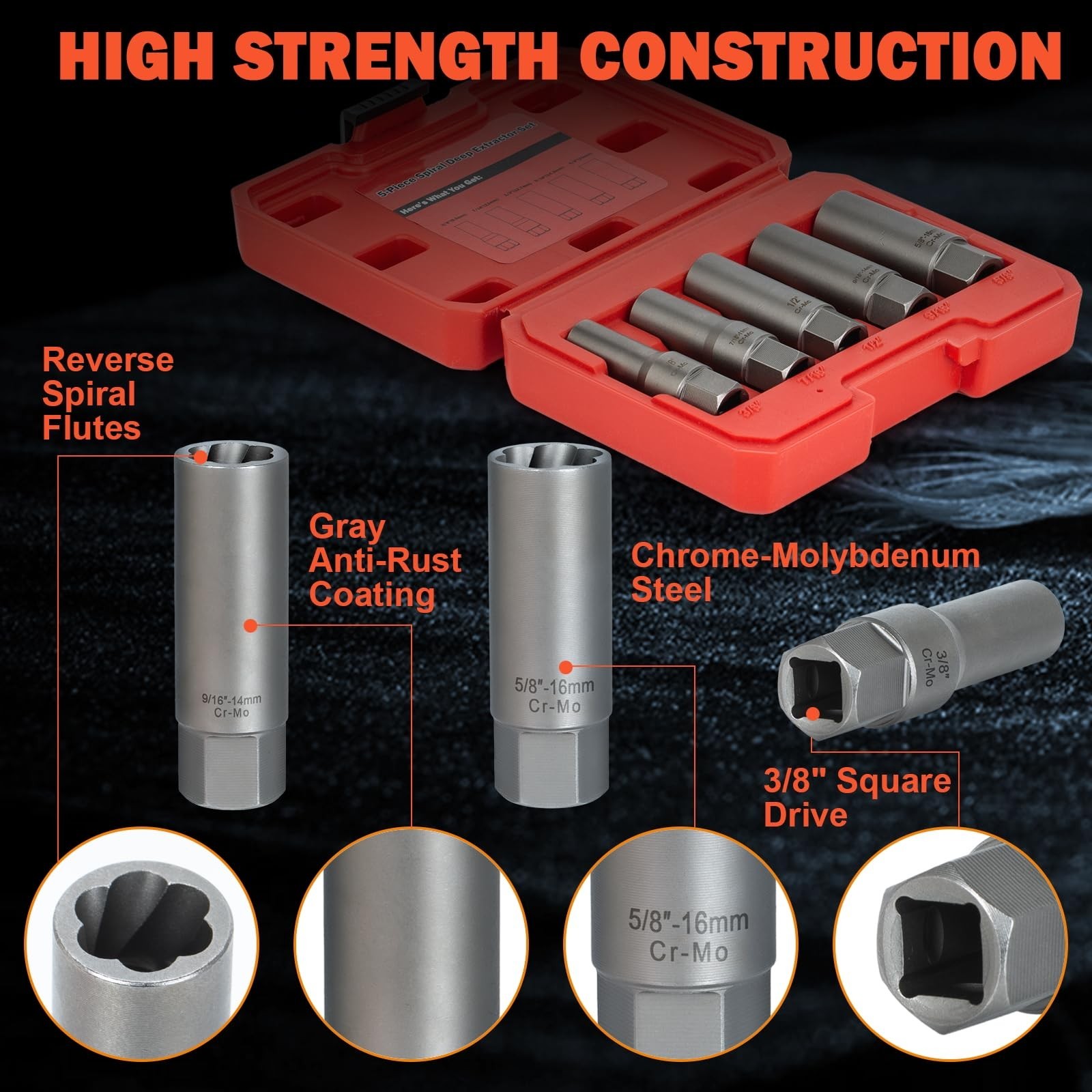 5PCS Deep Bolt Extractor Kit, Easy Out Spark Plug Extractor Socket Set, Ez Out