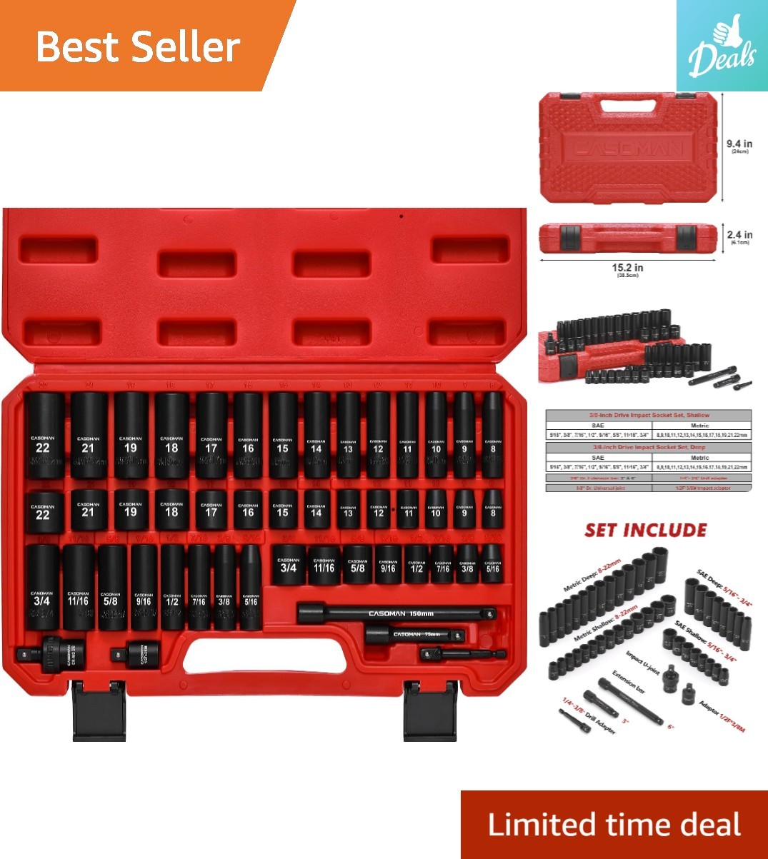 Durable 3/8″ Drive Impact Socket Set – 49 Pieces with Corrosion-Resistant Finish