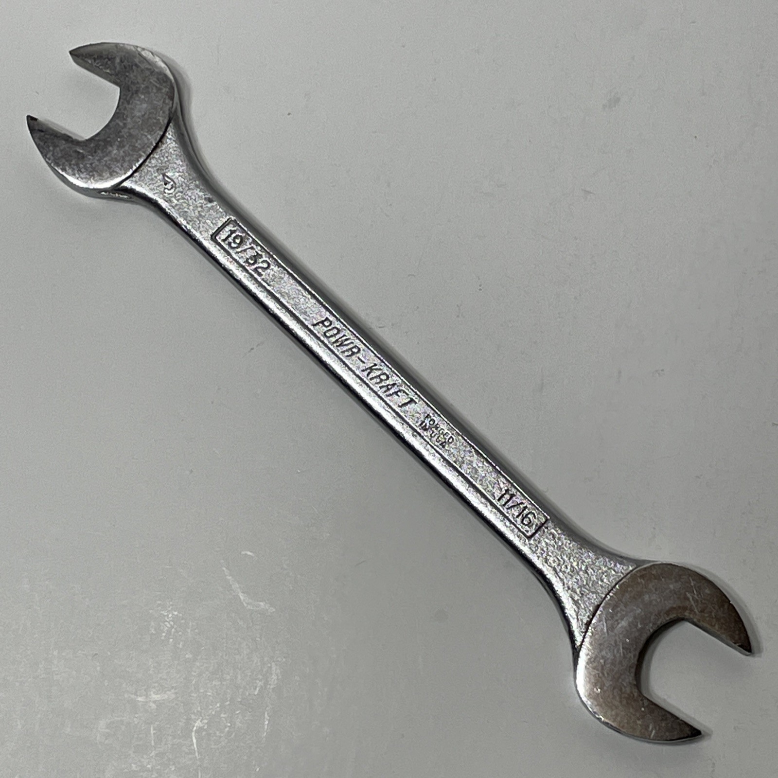 Powr-Kraft 11/16″ x 19/32″ Wrench Double Open End Satin Chrome 12 Point USA VTG