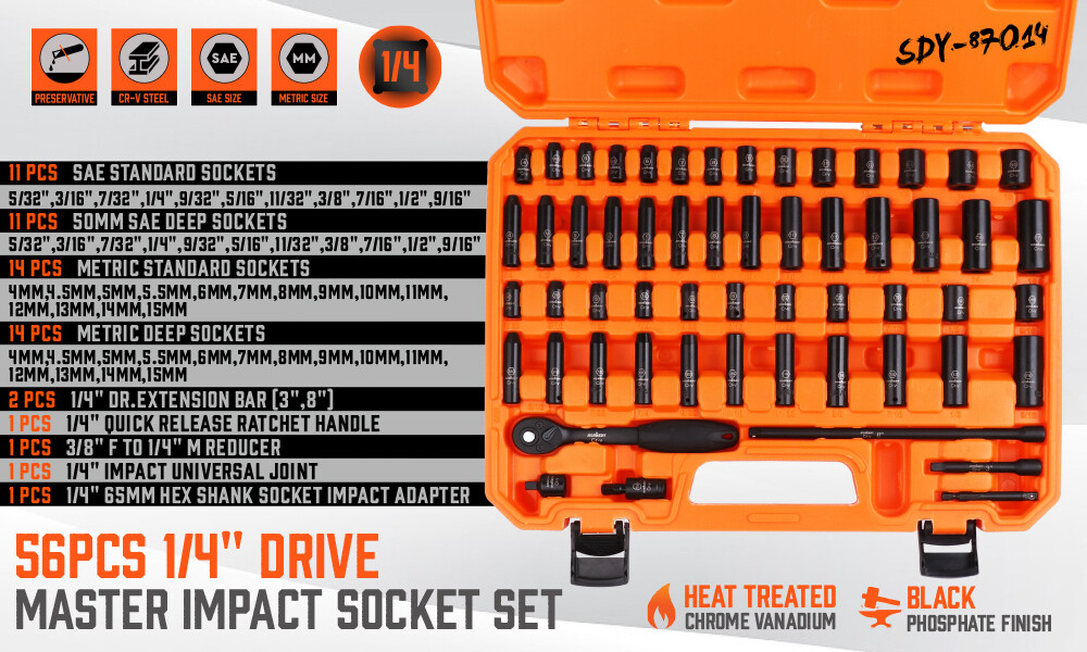 56Pcs 1/4″ Drive Impact Deep Socket Set Extension Bar Universal Joint SAE Metric