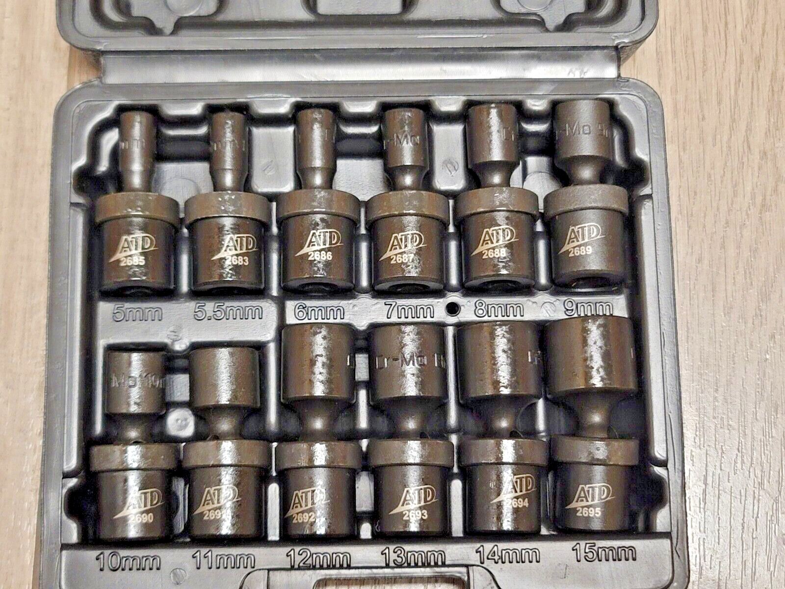 ATD 12pc 1/4″ dr 6pt Universal / Flex Impact Socket Set 5-15mm #2212