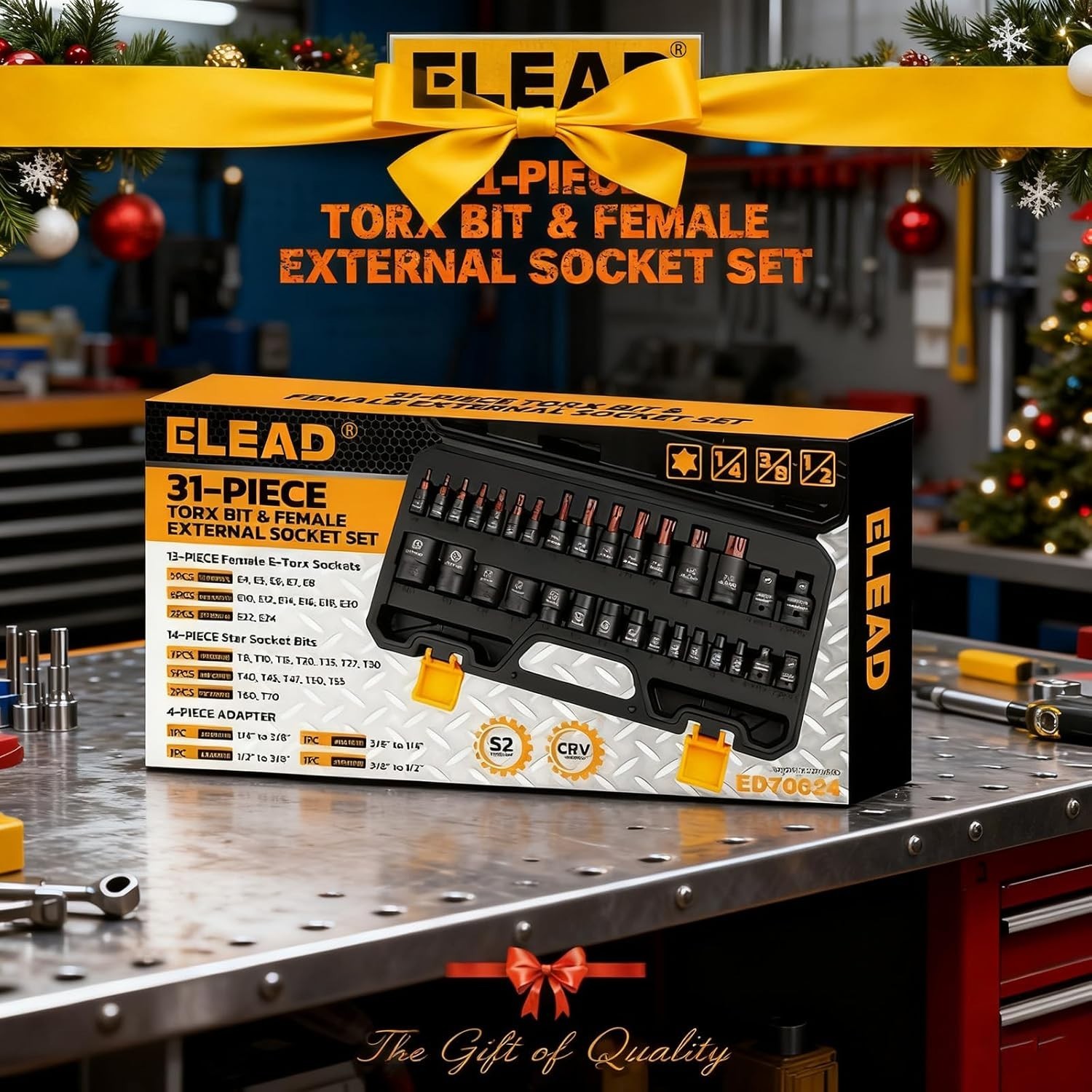 31-Piece Torx Bit Socket Set: 14 Star Bits T8-T70 & 13 E-Torx Sockets E4-E24,…