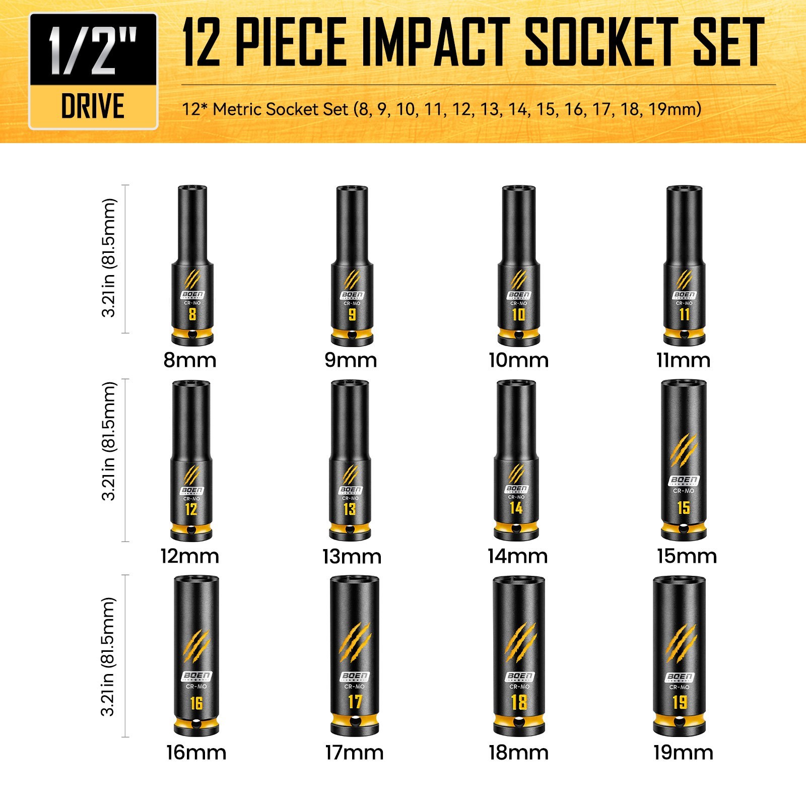 12-Piece 1/2″ Drive Deep Impact Socket Set, Metric Sockets (8-19mm)