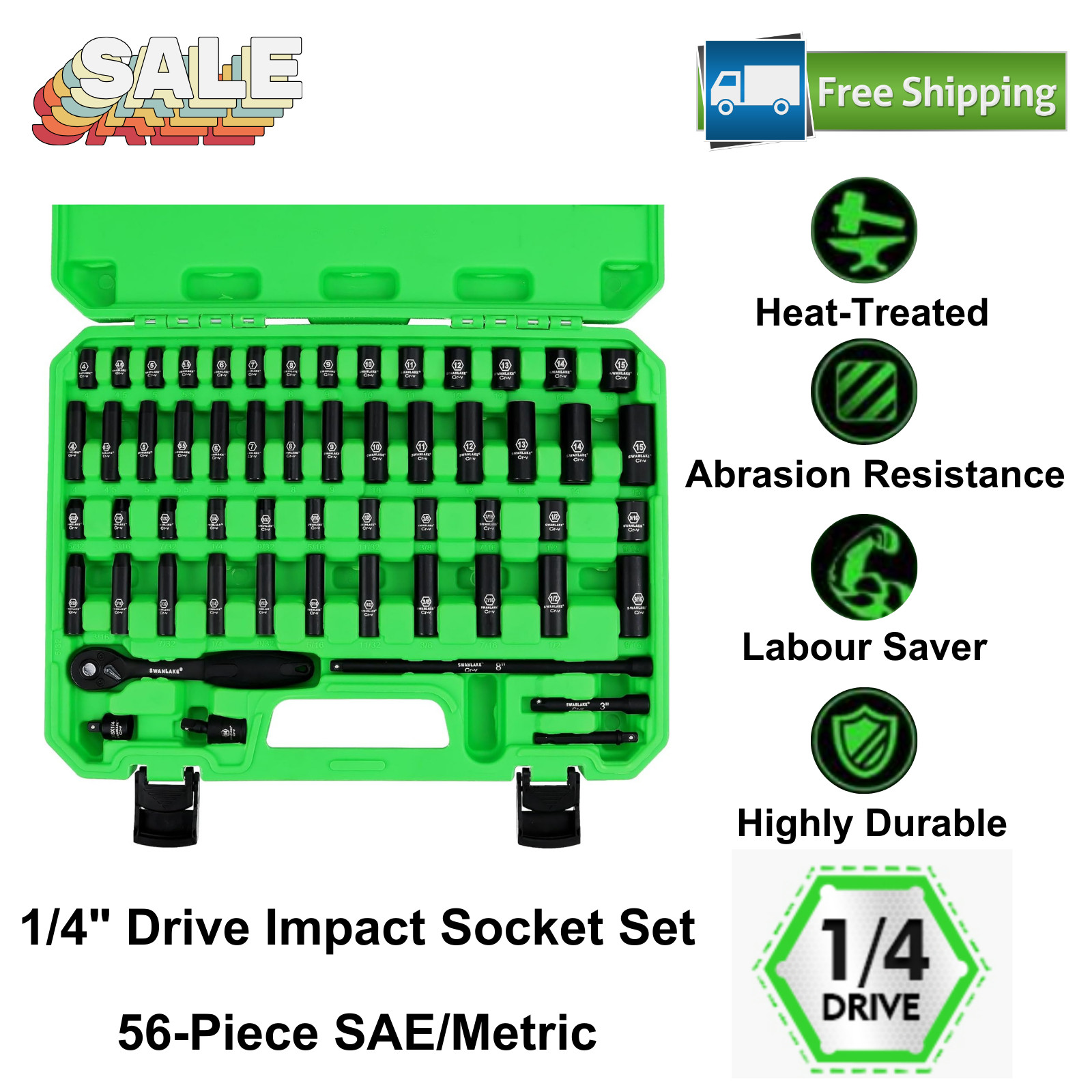 1/4″ Drive Impact Socket Set, 56PCS SAE/Metric, Cr-V Steel, Ratchet & Extensions