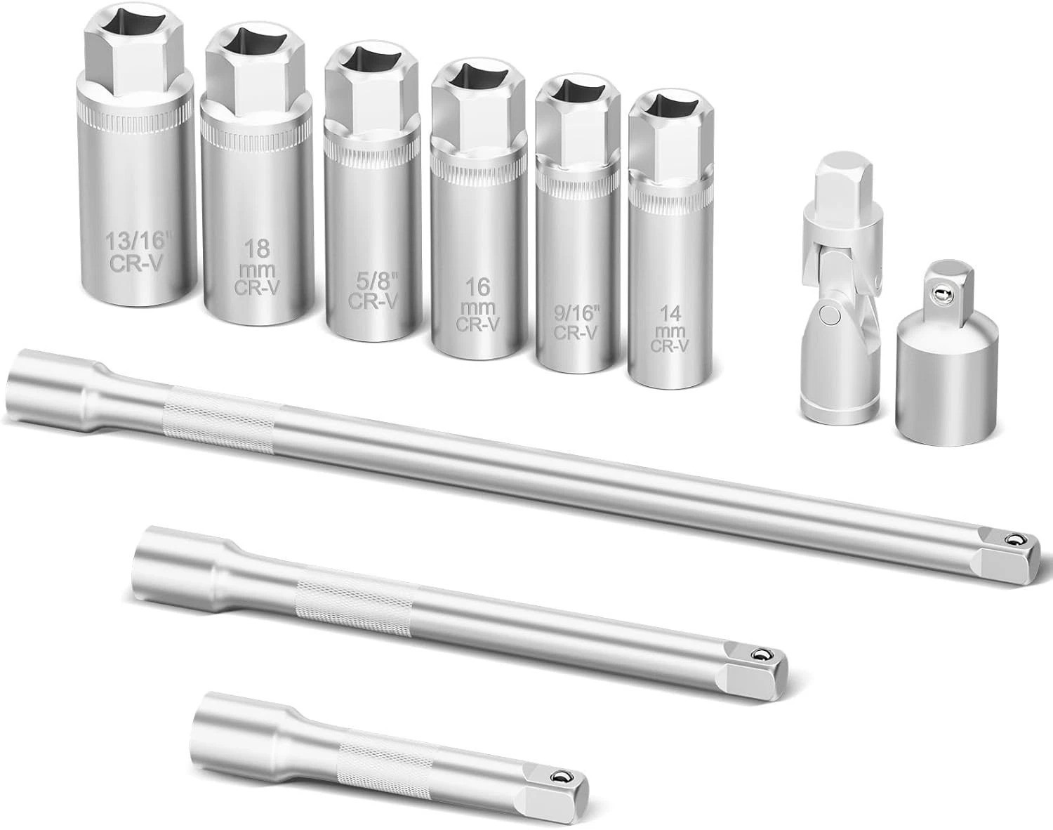 3/8 Inch Drive Spark Plug Socket Set, 12 Point, 11Pcs SAE & Metric Sizes 14mm..,