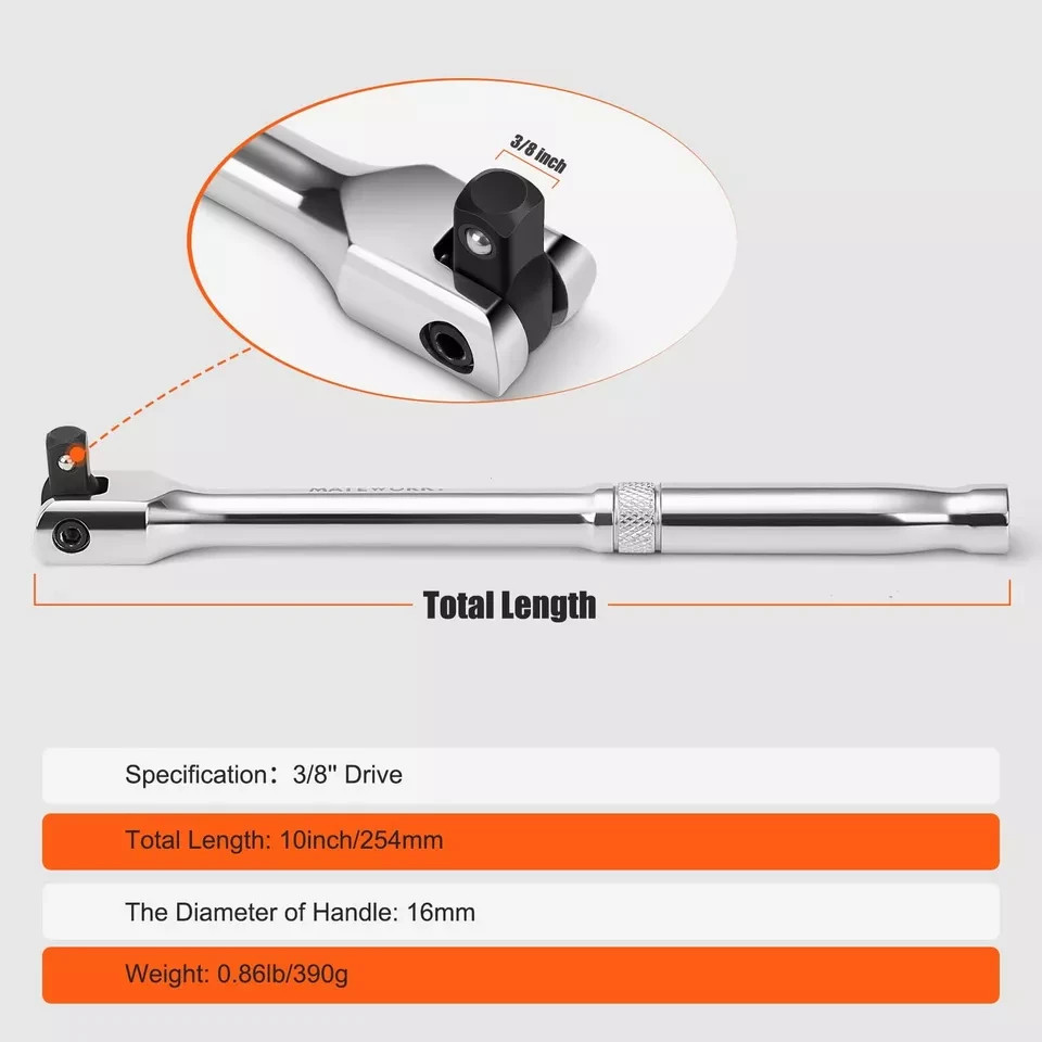 3/8 Drive Breaker Bar 10 inches 180-Degree Flex Head