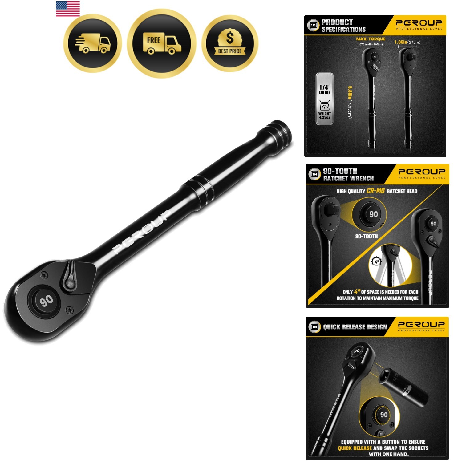 1/4-Inch Drive Ratchet Wrench, 90 Tooth Reversible Ratchet, 4-Degree Swing, E…