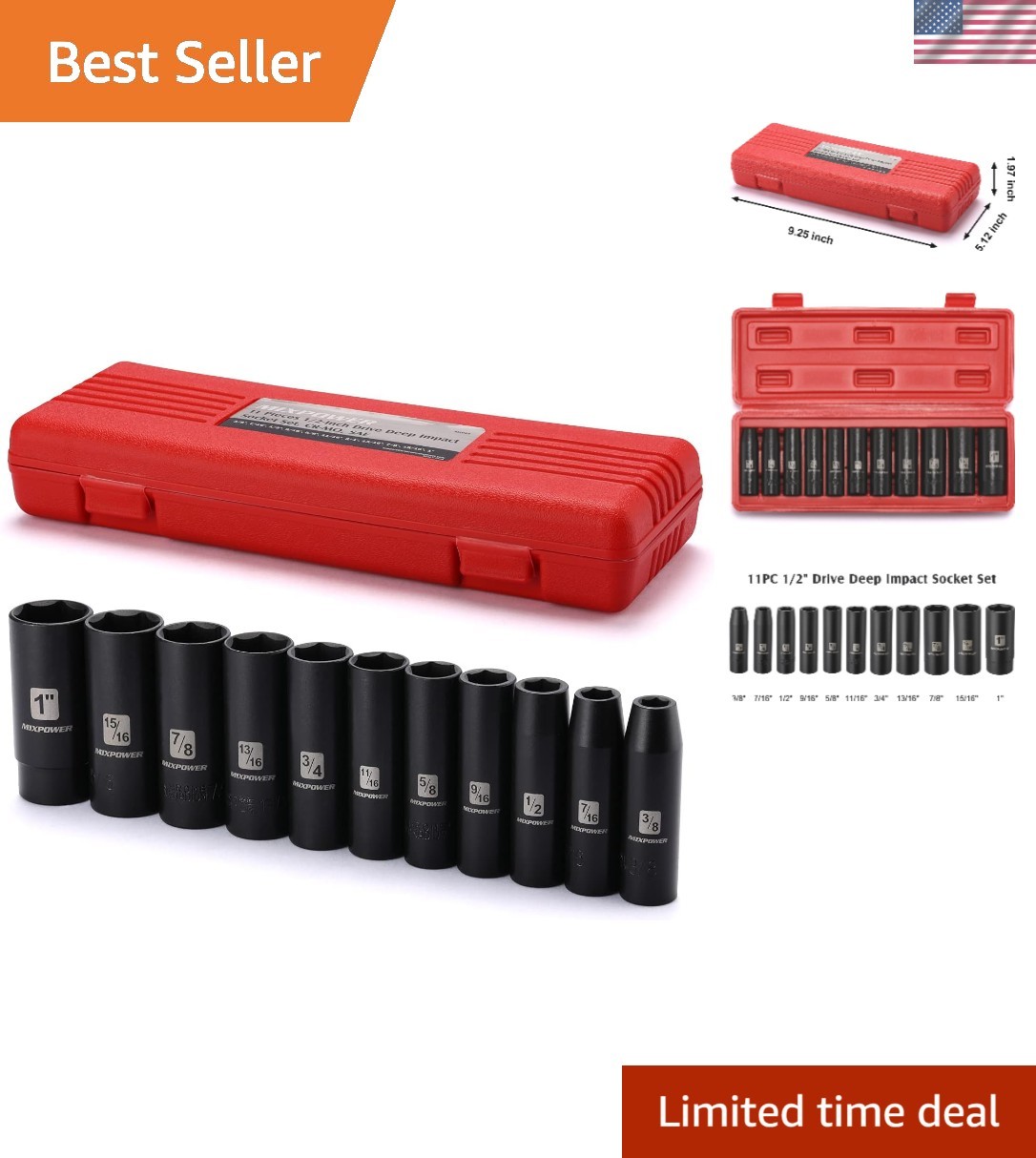 11-Piece Deep Impact Socket Set – 1/2-Inch Drive, Laser-Etched Sockets