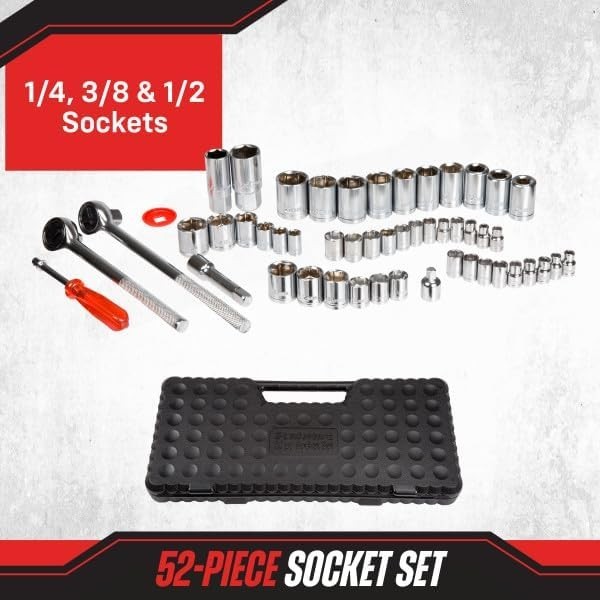 52-Piece Drive Socket Set – 1/4, 3/8 and 1/2 Sockets – SAE and Metric Tools f…