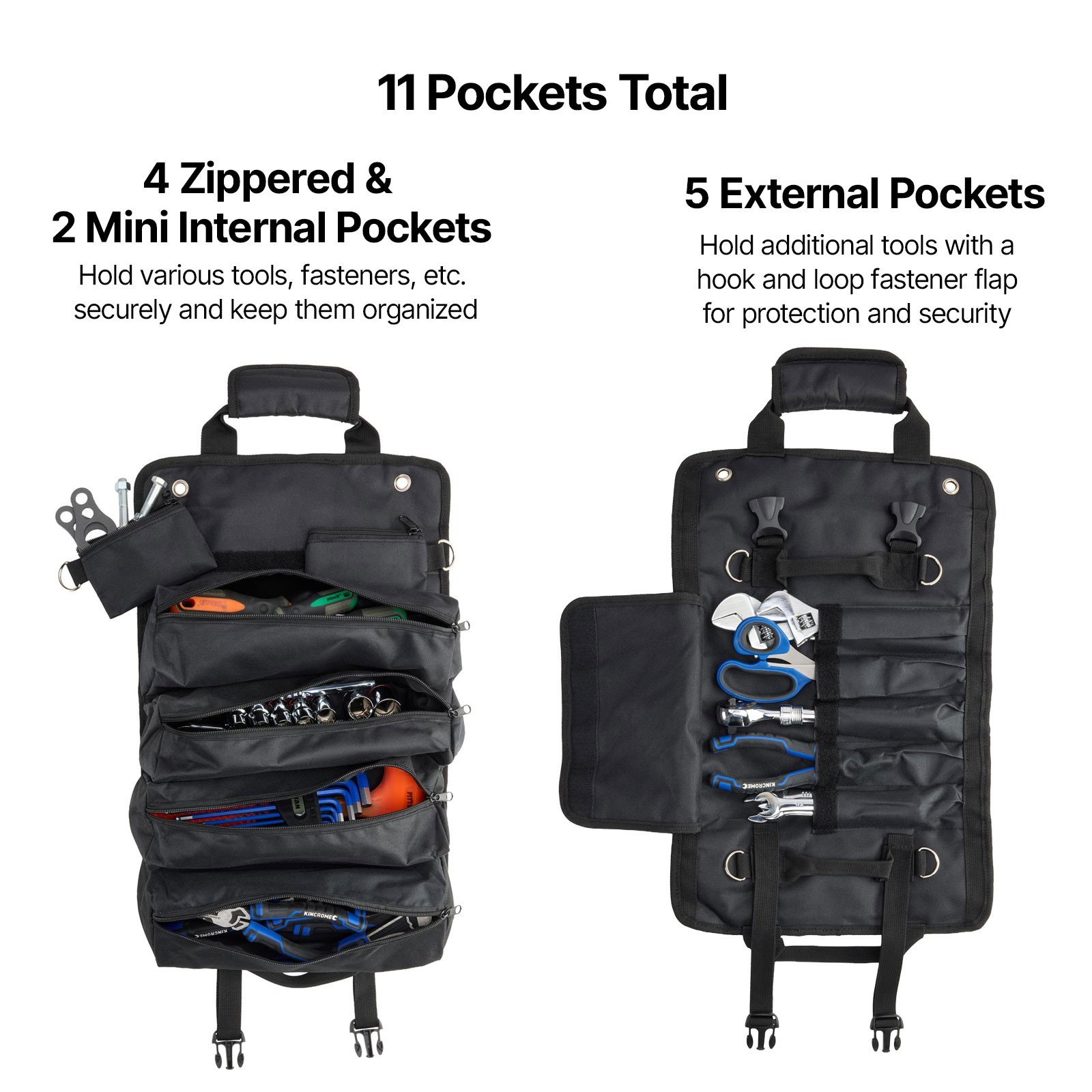 Black Canvas Roll Up Tool Bag Organizer With Zipper Pockets