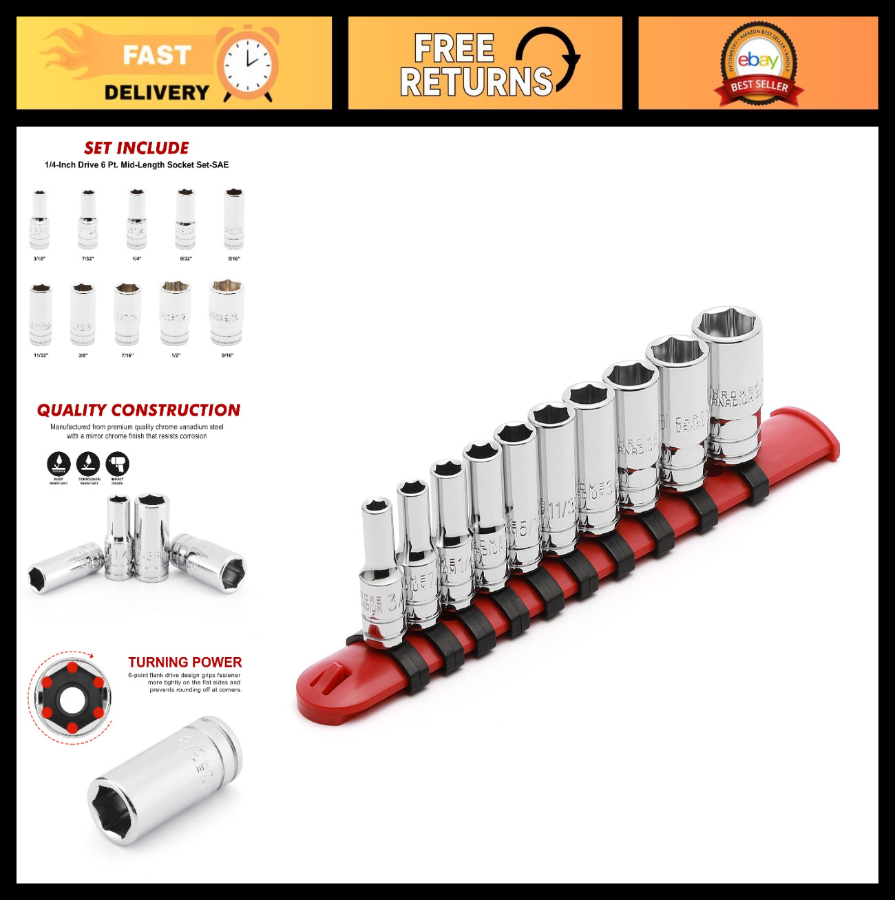 10PCS 1/4″ Drive Mid-Length Socket Set, SAE 3/16″ to 9/16″, Chrome Finish