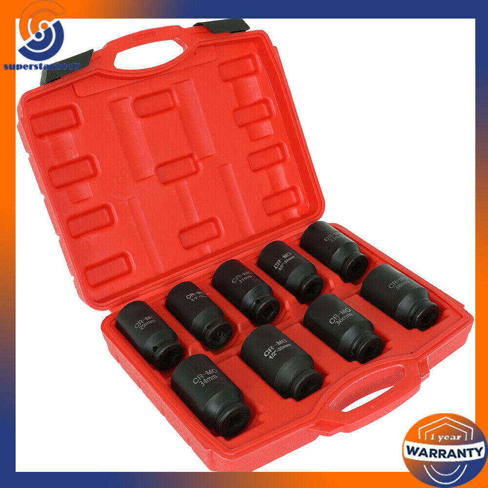 9Pcs Deep Impact Socket Set 1/2″Drive Metric Axle Hub Nut Socket 29-38mm 6-Point