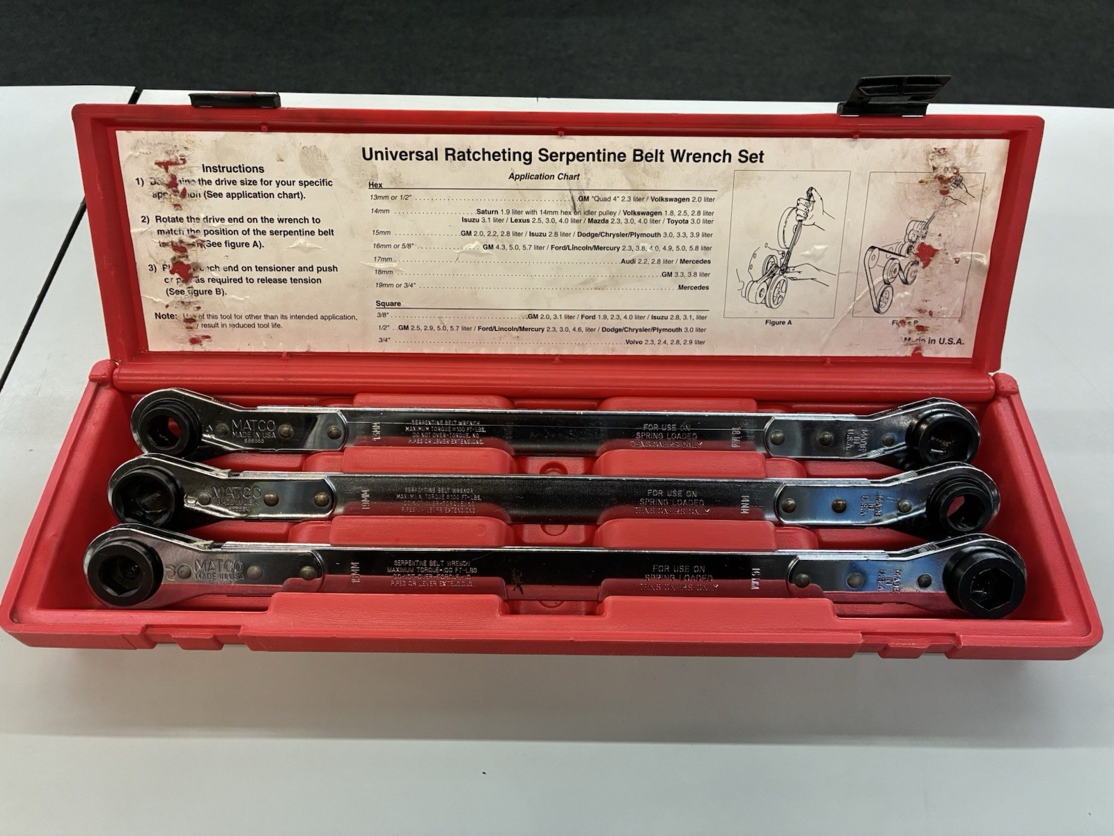 Matco Tools Universal 3 Pc Ratcheting Serpentine Belt Wrench Set USA Made SBK90
