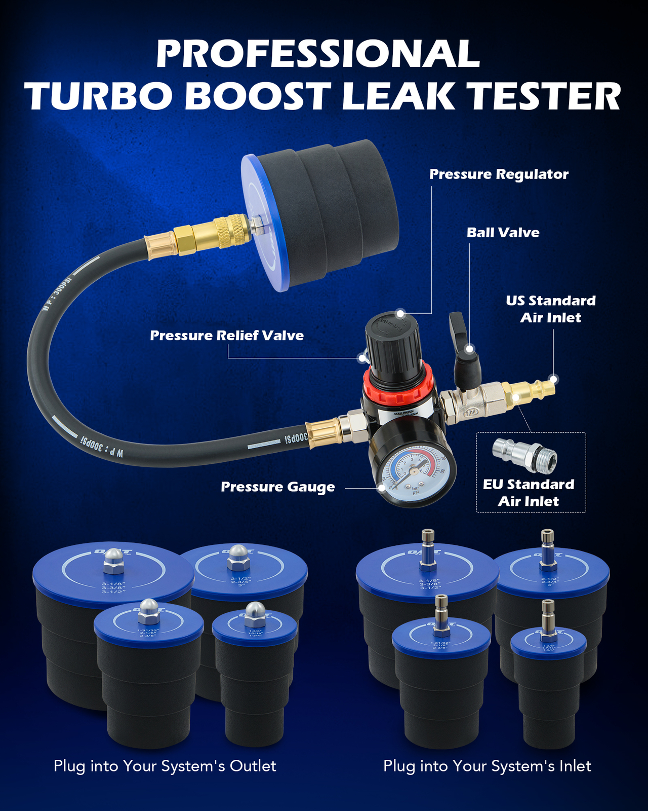 OMT Turbo Boost System Leakage Tester with 4 Pairs of Adapters 1-3/8 to 3-1/2