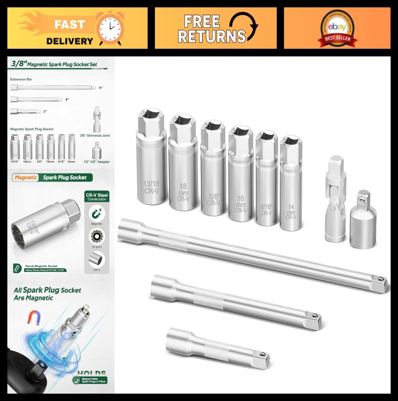 11-Piece Spark Plug Socket Set, 3/8″ Drive, SAE & Metric Sizes, Magnetic Tool &