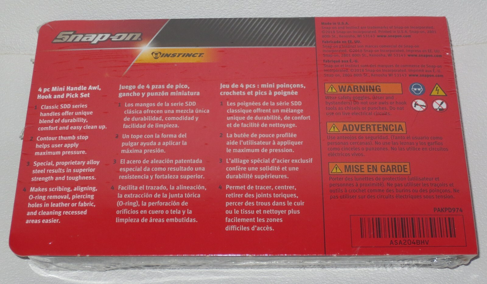 Snap-on Pick Set ASA204BR *RED HARD HANDLES* NEW & SEALED! *HARD HANDLE PICKS*