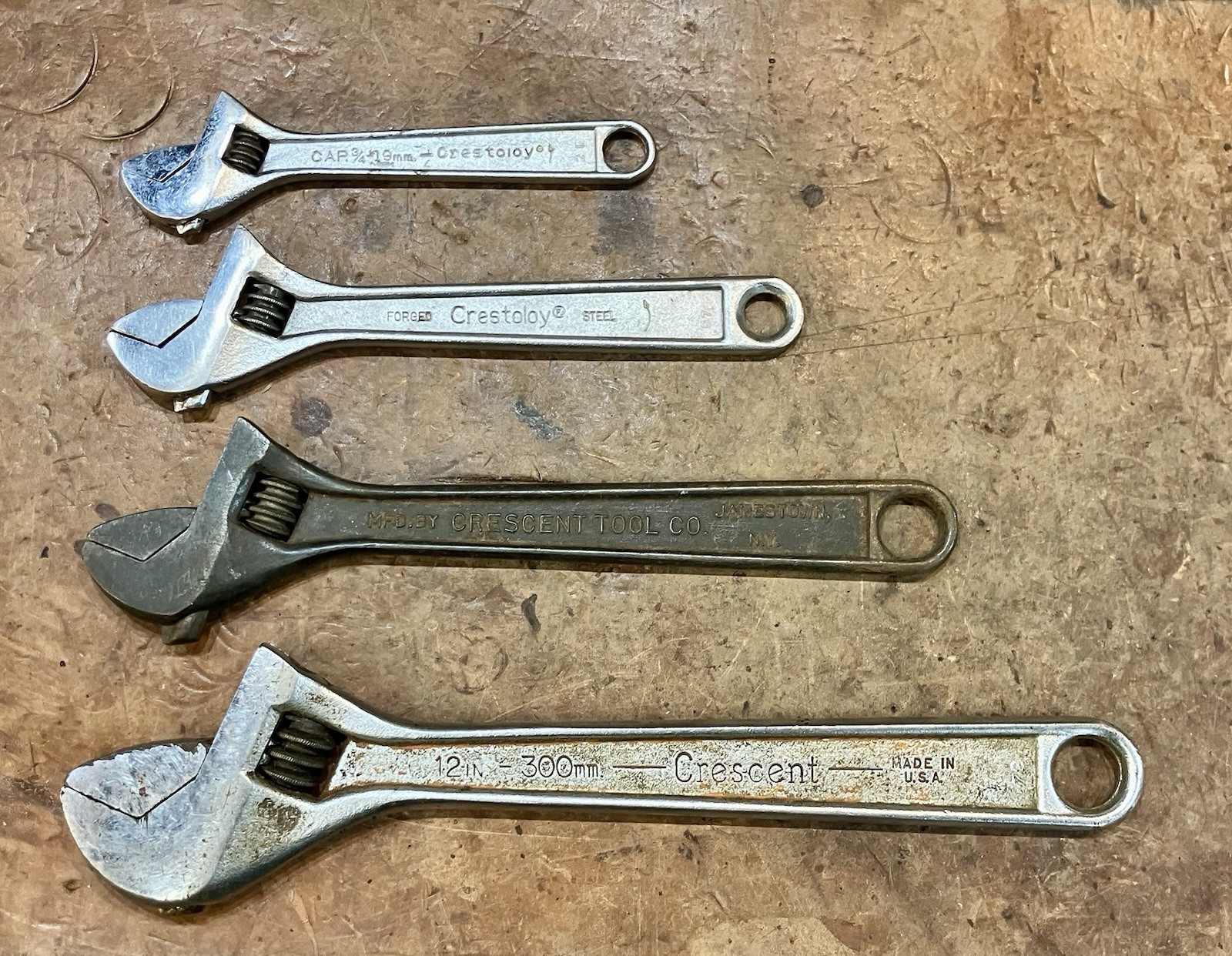 Vintage Crescent Tool • 4 Piece Adjustable Wrench Set • 6″, 8”, 10”, 12” • USA