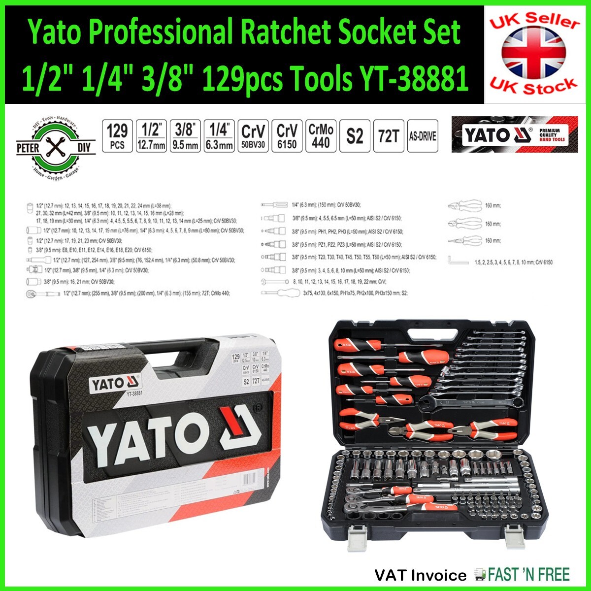 SOCKET SET RATCHET Yato Professional Tools 1/2″ 1/4″ 3/8″ 129pcs Tools YT-38881