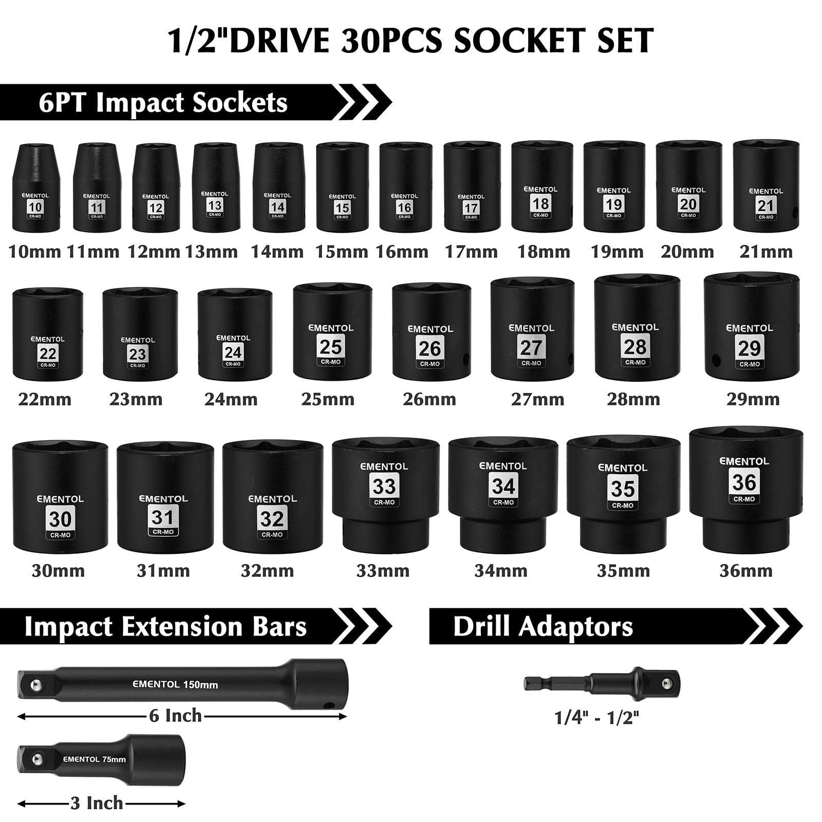 30PCS 1/2″ Drive Metric Shallow Impact Socket Set, 10mm-36mm, CR-MO, 6 Point, Ex