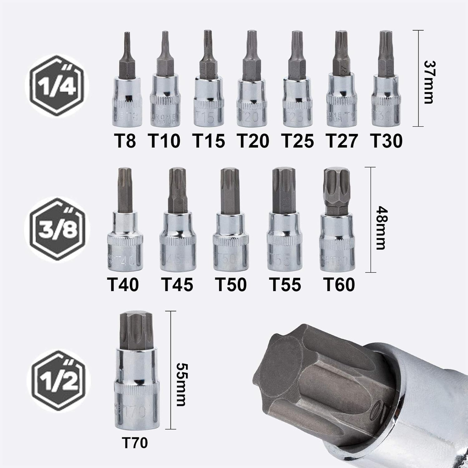 Torx Bit Socket Set 13 Pieces 3/8 Inch Drive T8 T70 CrV Alloy Steel Chrome