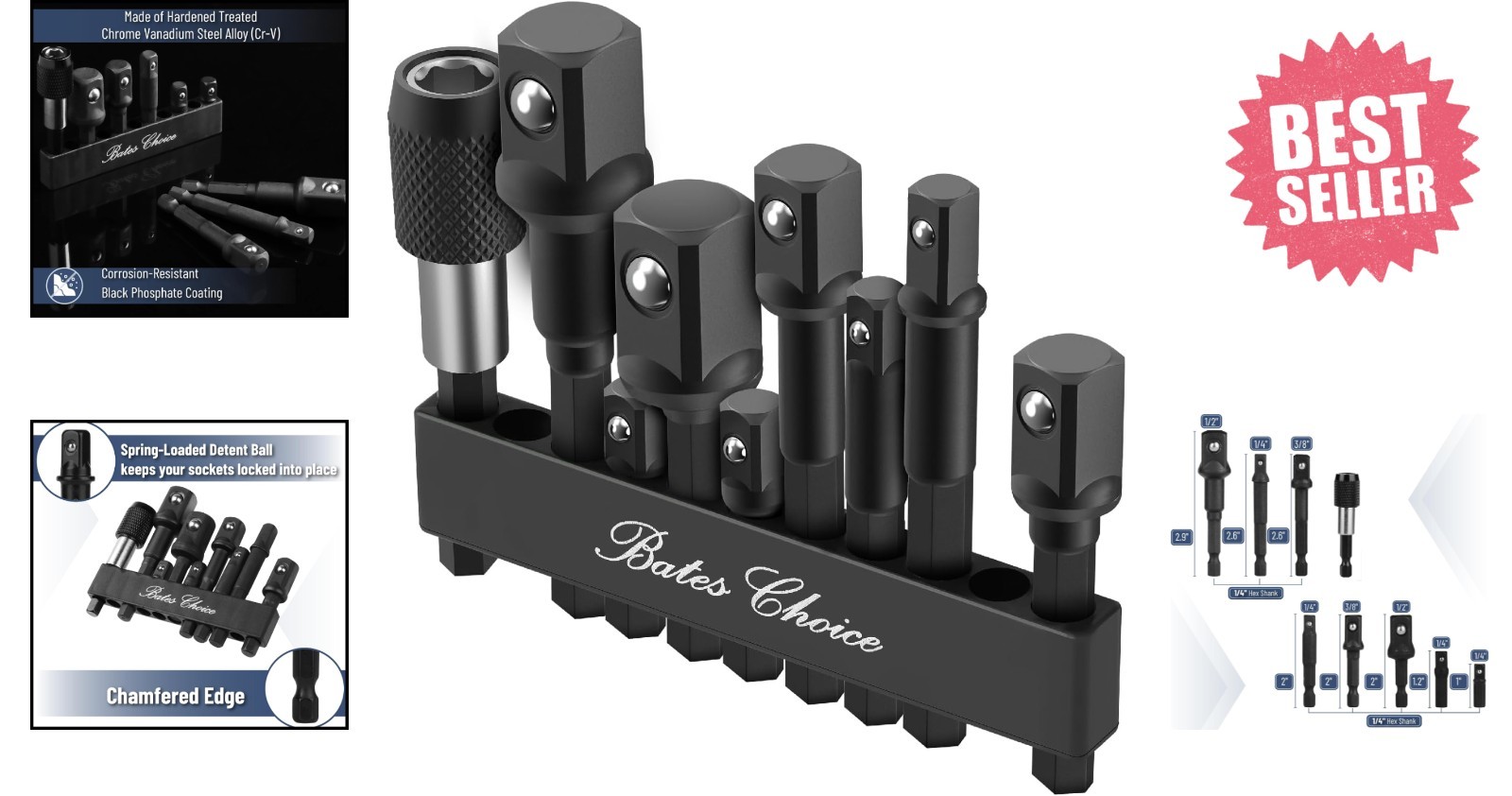 Versatile 9-Piece Socket Adapter Set: 1/4″, 3/8″, 1/2″ Drives & Safety Features