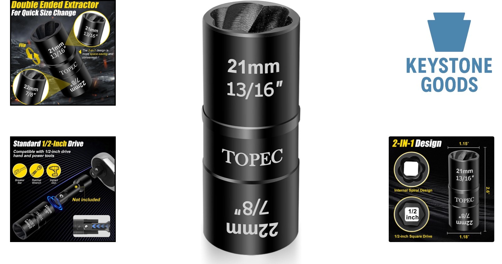21mm x 22mm Dual-Head Lug Nut Extractor & Removal Tool – 1/2″ Drive, Heavy Du…