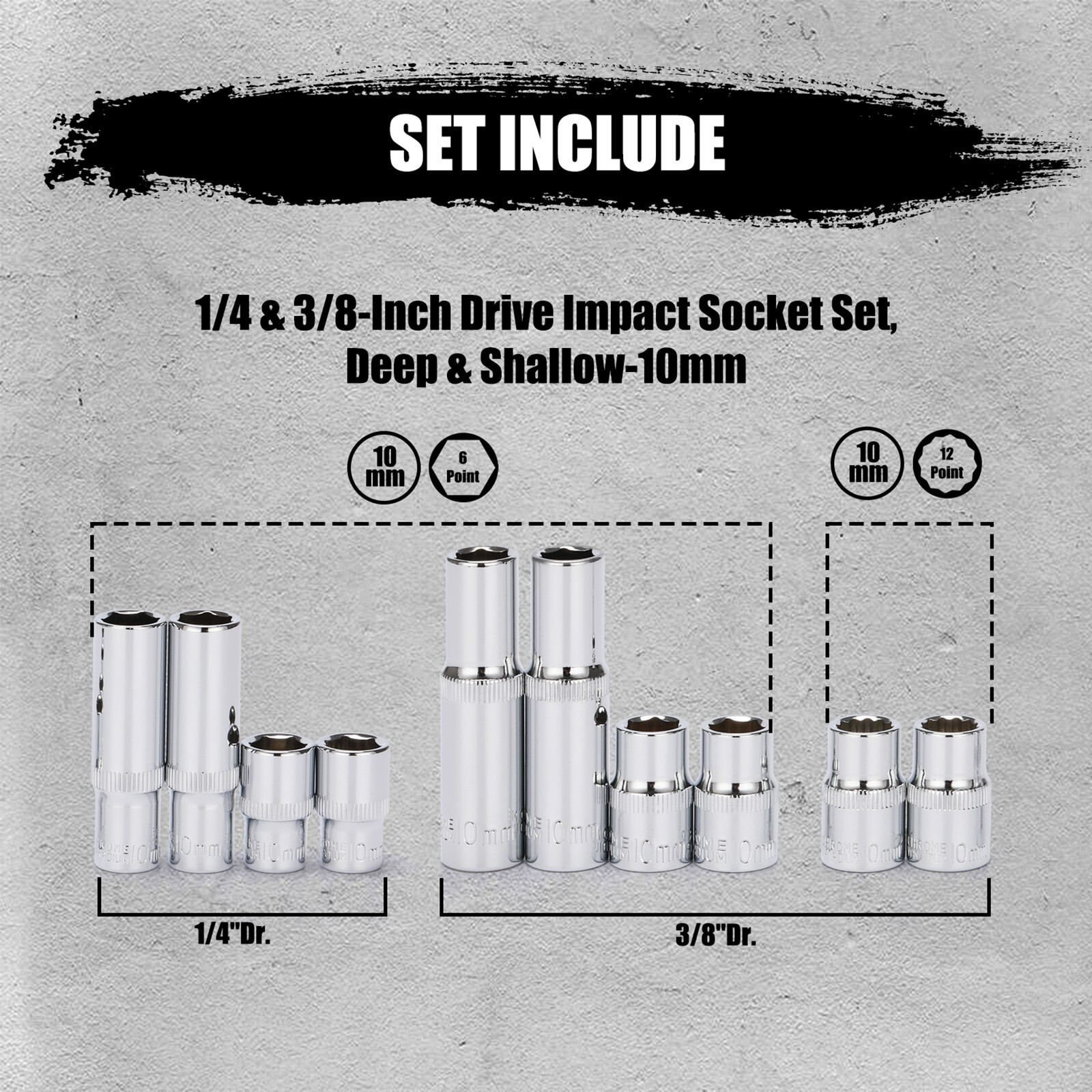 10 Pieces 10mm Impact Socket Set, 1/4″ & 3/8″ Drive, Deep & Shallow Chromed