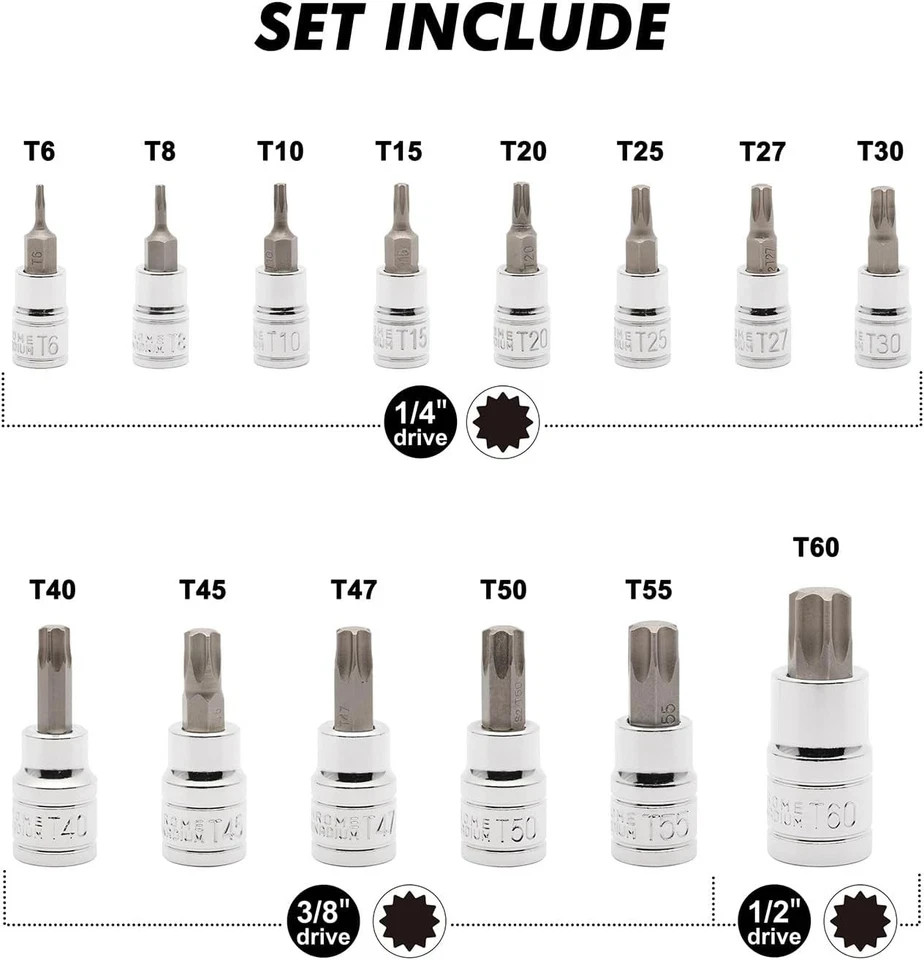14-Piece 1/4-Inch, 3/8-Inch & 1/2-Inch Drive Torx Bit Socket Set, T6-T60, Torque