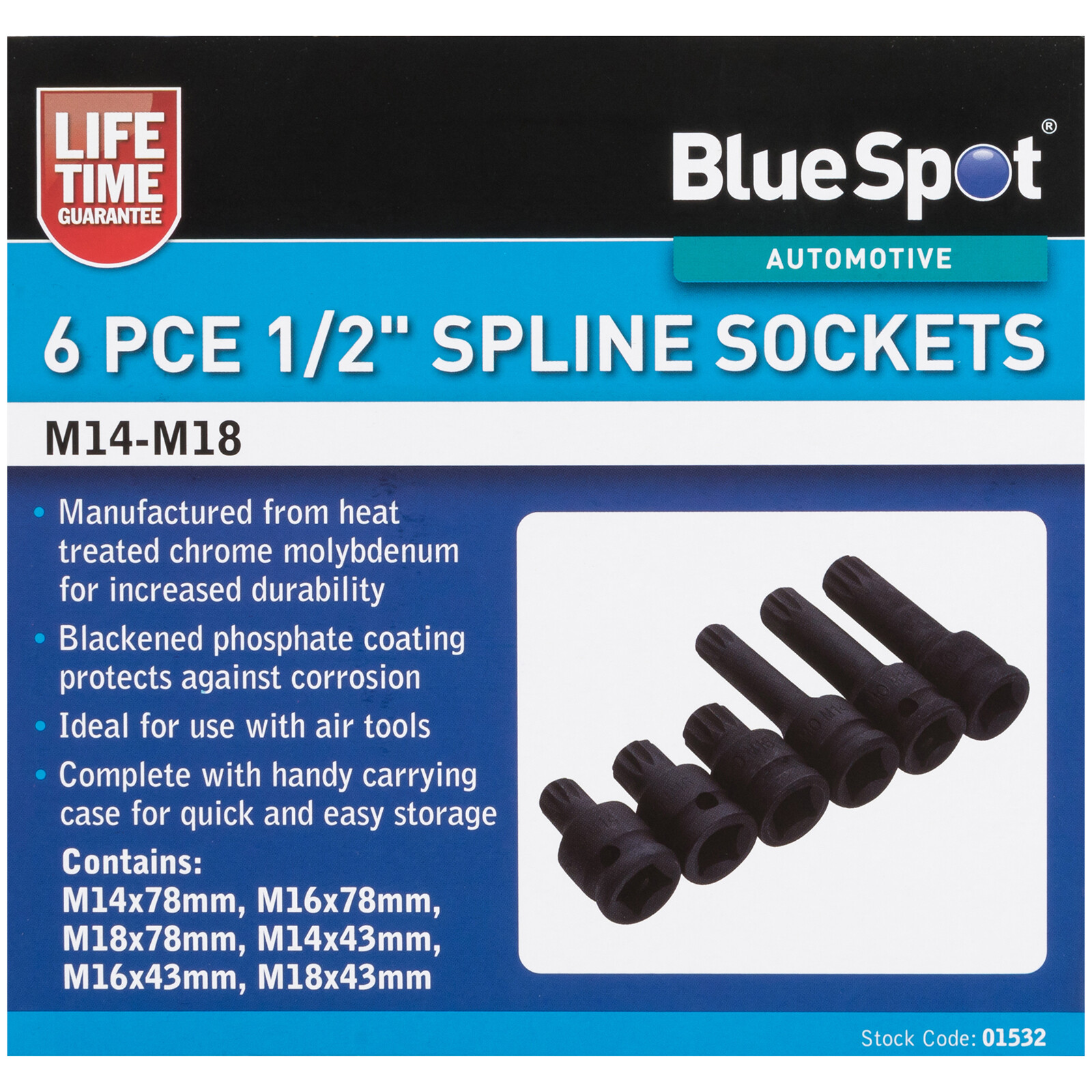 BlueSpot Impact Spline Socket Set 6pc 1/2″ Drive M14-M18 43mm 78mm Long in Case
