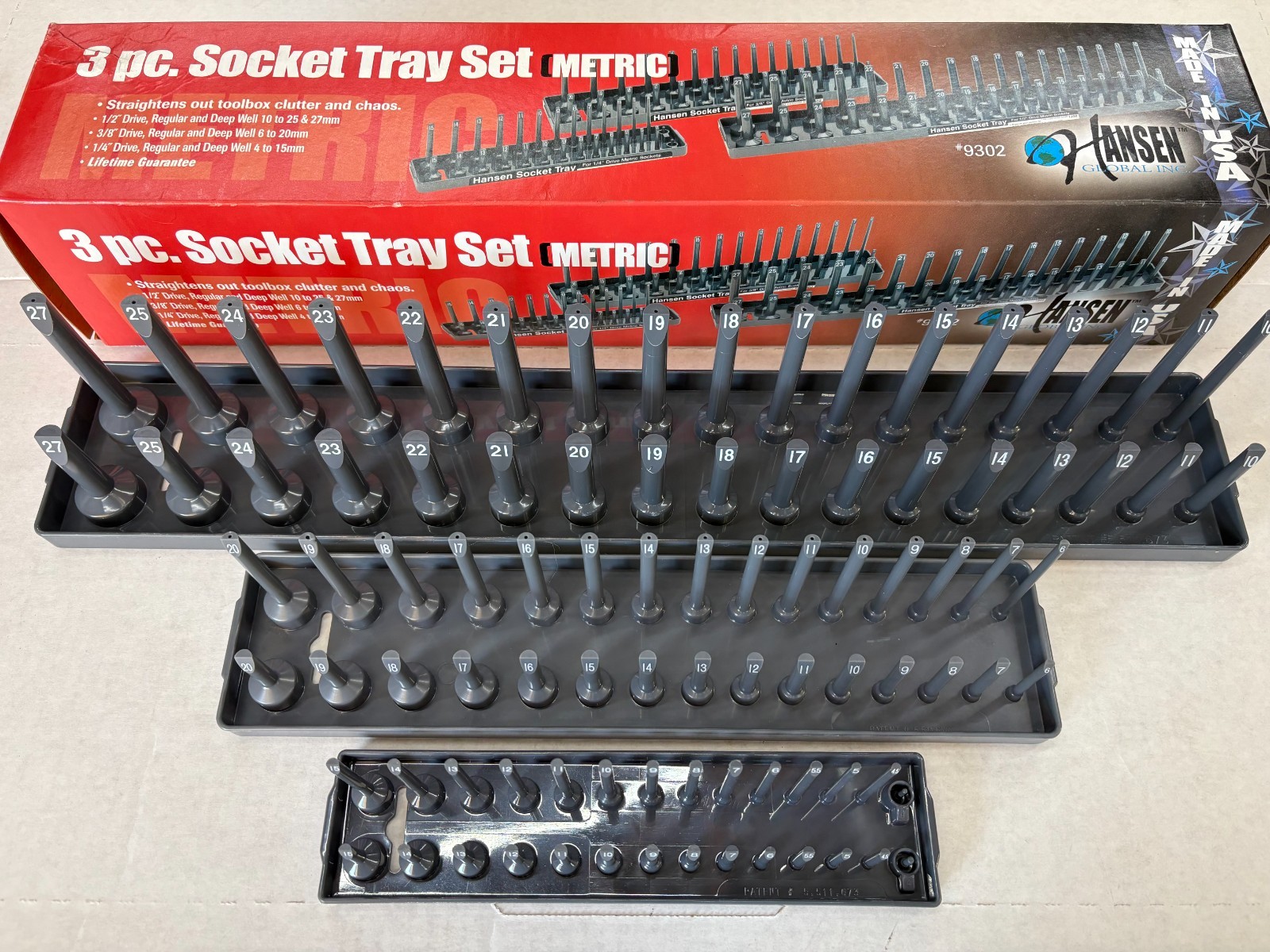 HANSEN 3 PIECE METRIC SOCKET ORGANIZER TRAY RACK HOLDER MM 1/4, 3/8, 1/2” DRIVE