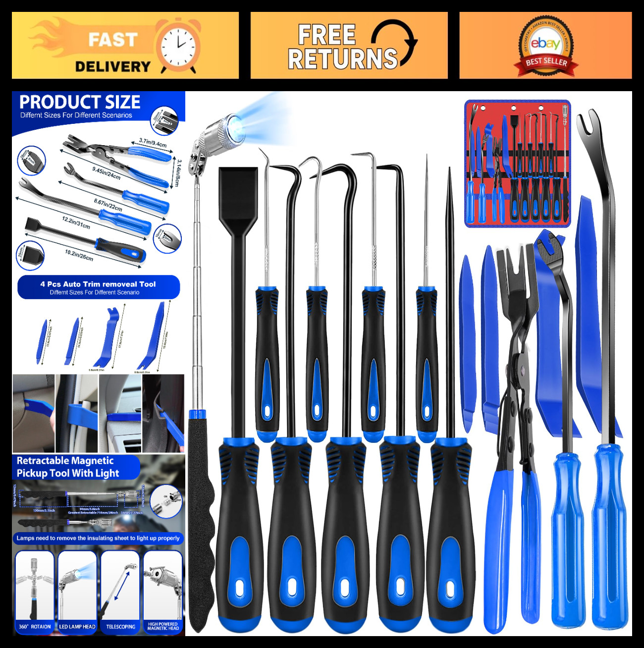 17 Pcs Auto Trim Removal Tool Kit, Hook & Pick Set, Clip Plier, Gasket Scraper,