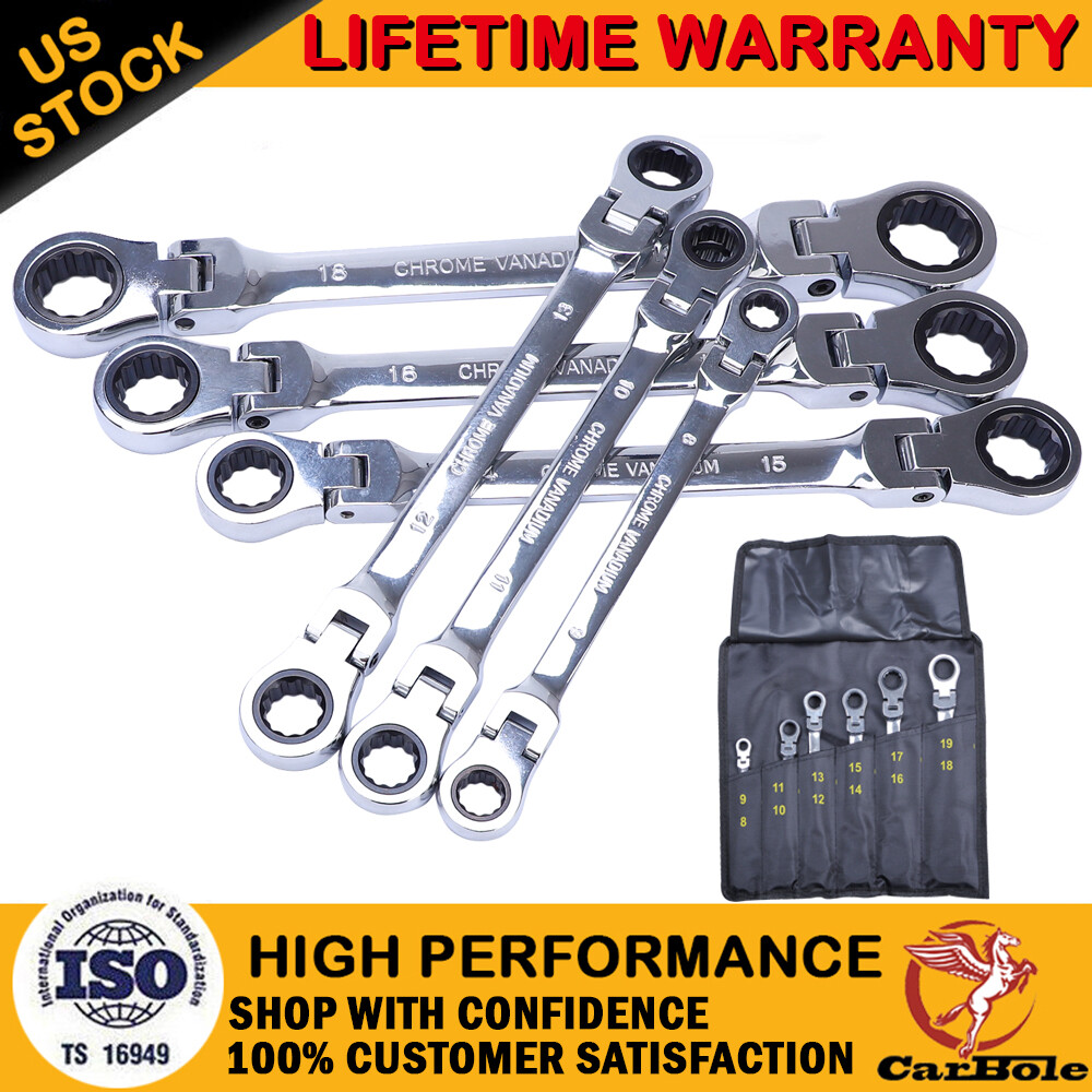 6Pc Double Box End Ratcheting Wrench Flex-Head Extra Long Heavy Duty Spanner Set