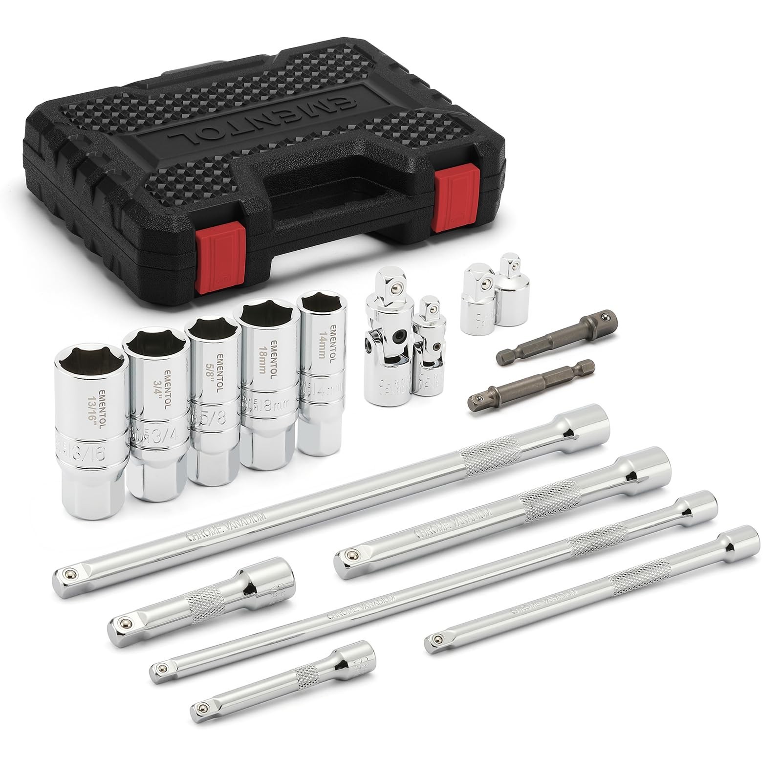 17PCS Socket Accessory Set – 1/4″ & 3/8″ Drive, Spark Plug Sockets, Extensions,