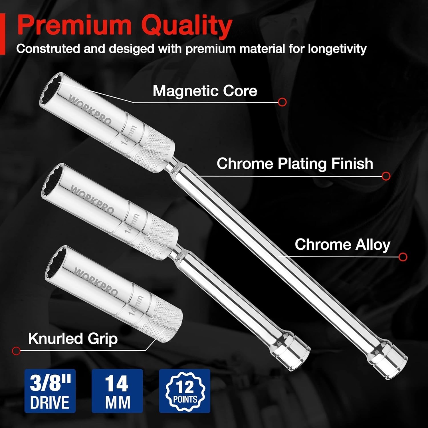 3PC 14mm Spark Plug Socket Set with Magnetic Swivel and 6-10 Inch Extensions