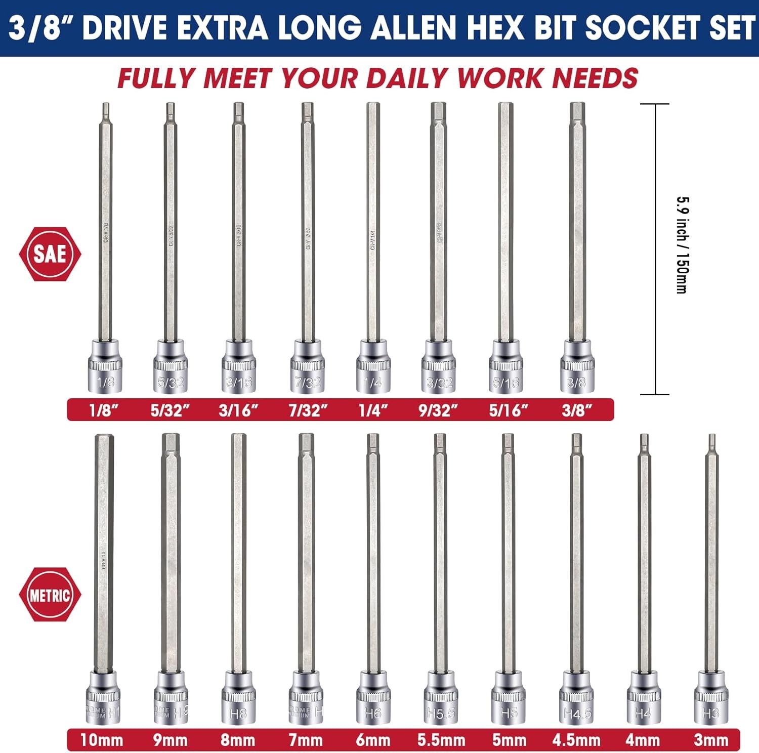 18-Piece 3/8 Inch Drive Extra Long Allen Hex Bit Socket Set, SAE & Metric (1/8-3