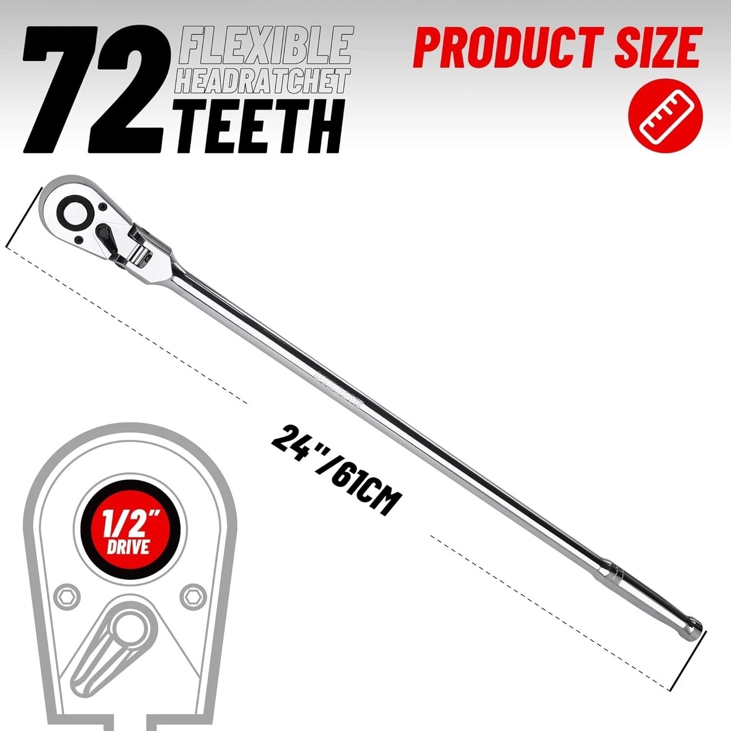 Pro 1/2 Drive Ratchet – 24″ Flex Head, 72 Tooth, Cr-Mo, Quick Release
