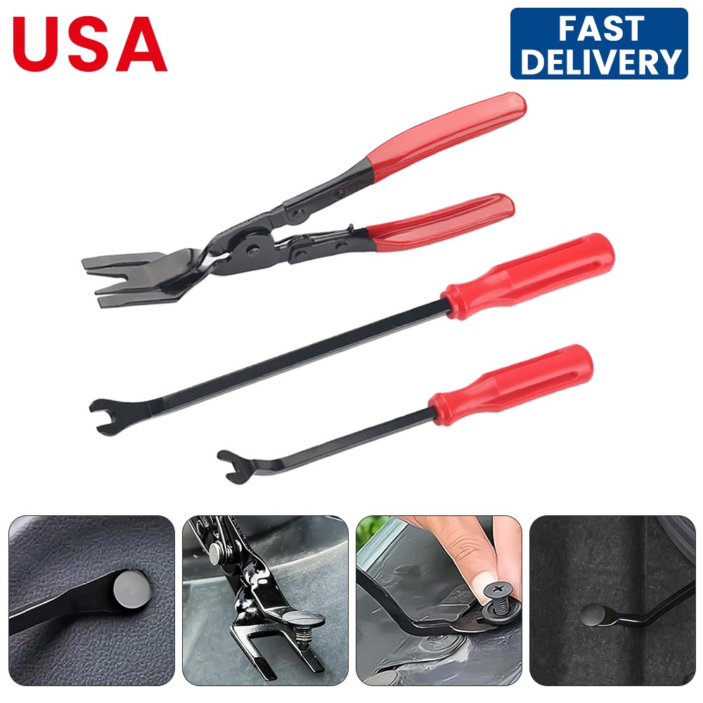 3PC Red Auto Clip Pliers Set Fastener Remover Car Trim Rivet Removal Pry Tool US