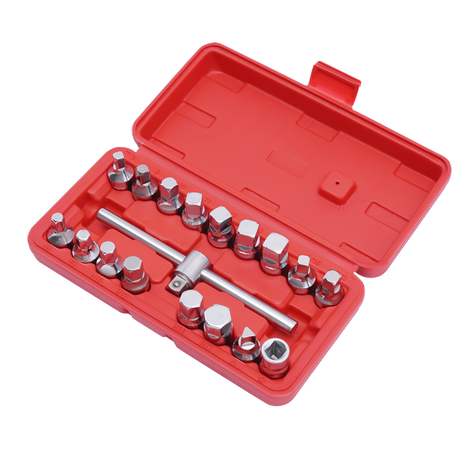 18PCS Oil Drain Pipe Plug Square Triangle Socket 3/8» Drive Removal Tool Set