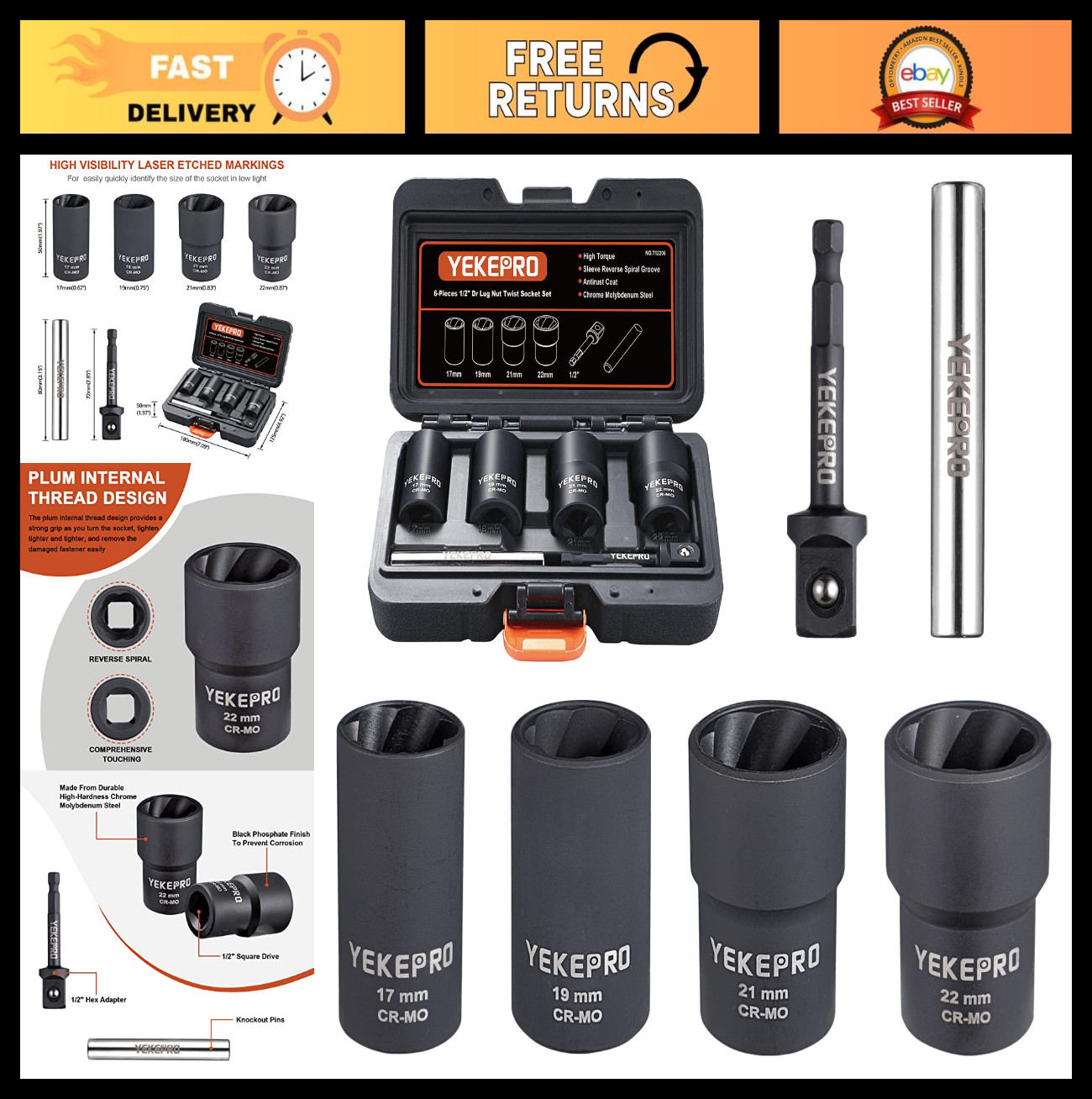 6 PCS Lug Nut Removal Tool Set, Impact Twist Socket & Bolt Extractor, 17-22MM