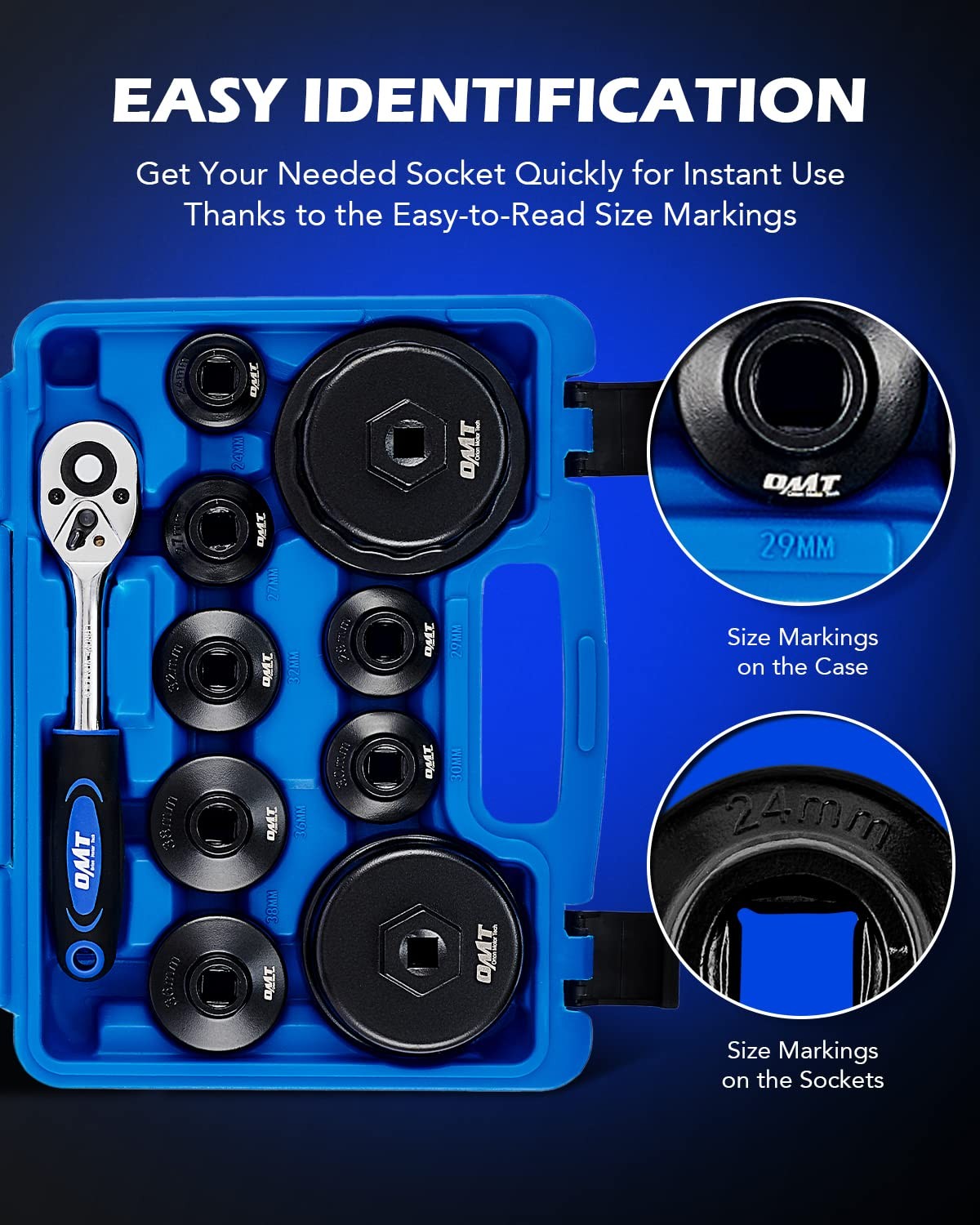 Orion Motor Tech Oil Filter Wrench Set, 10pc 9 Sizes from 24 to 64.5mm, Blue