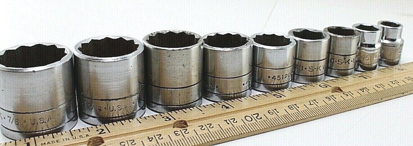 S-K Tools 45128-45112 7/8″-3/8″ 3/8″ Drive 9 Piece 12/6 Point Sockets Set USA