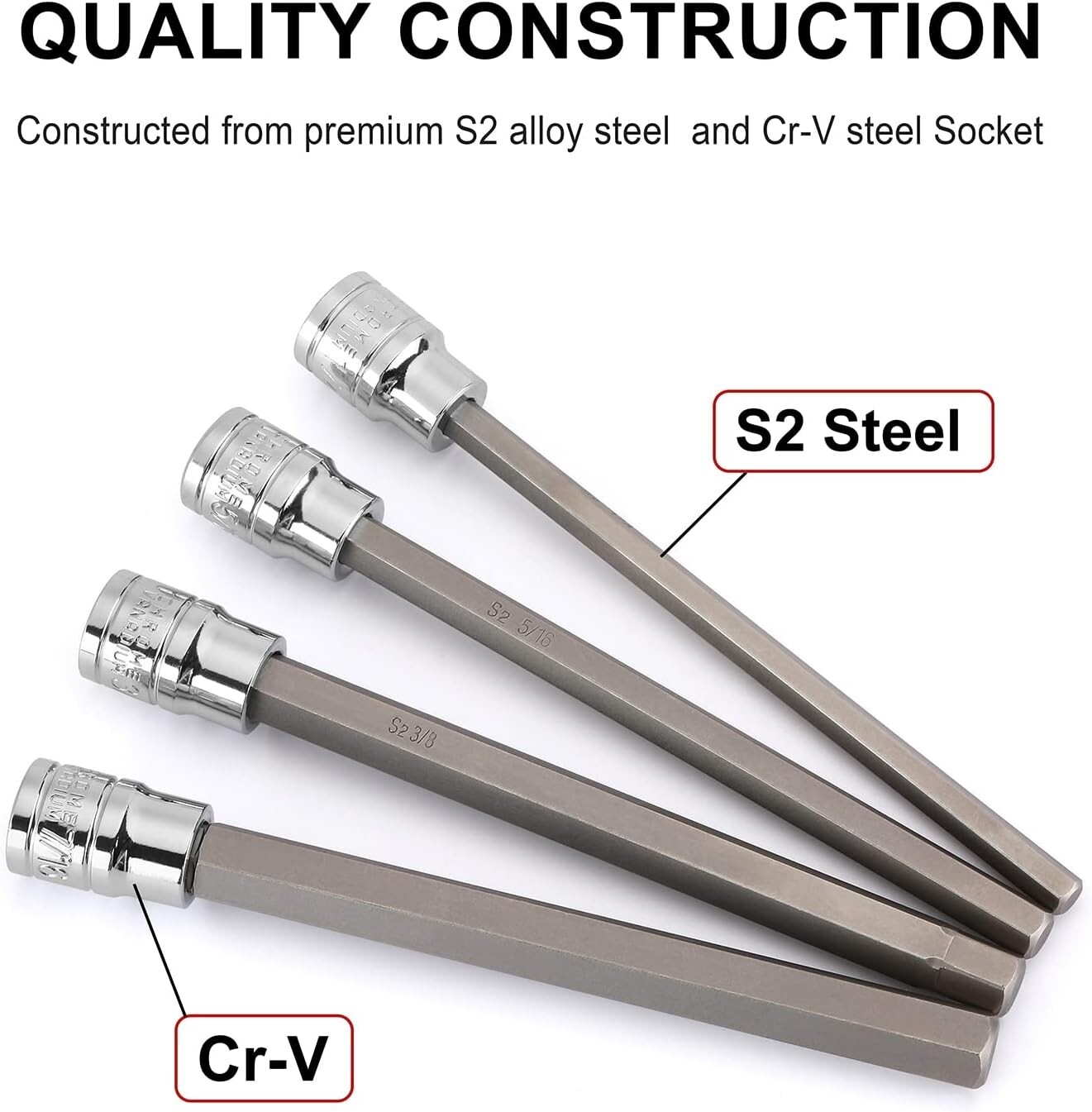 10pcs 3/8″ Drive Long Hex Bit Set 1/16 Inch to 1/2 Inch Socket Set CR-V and S2