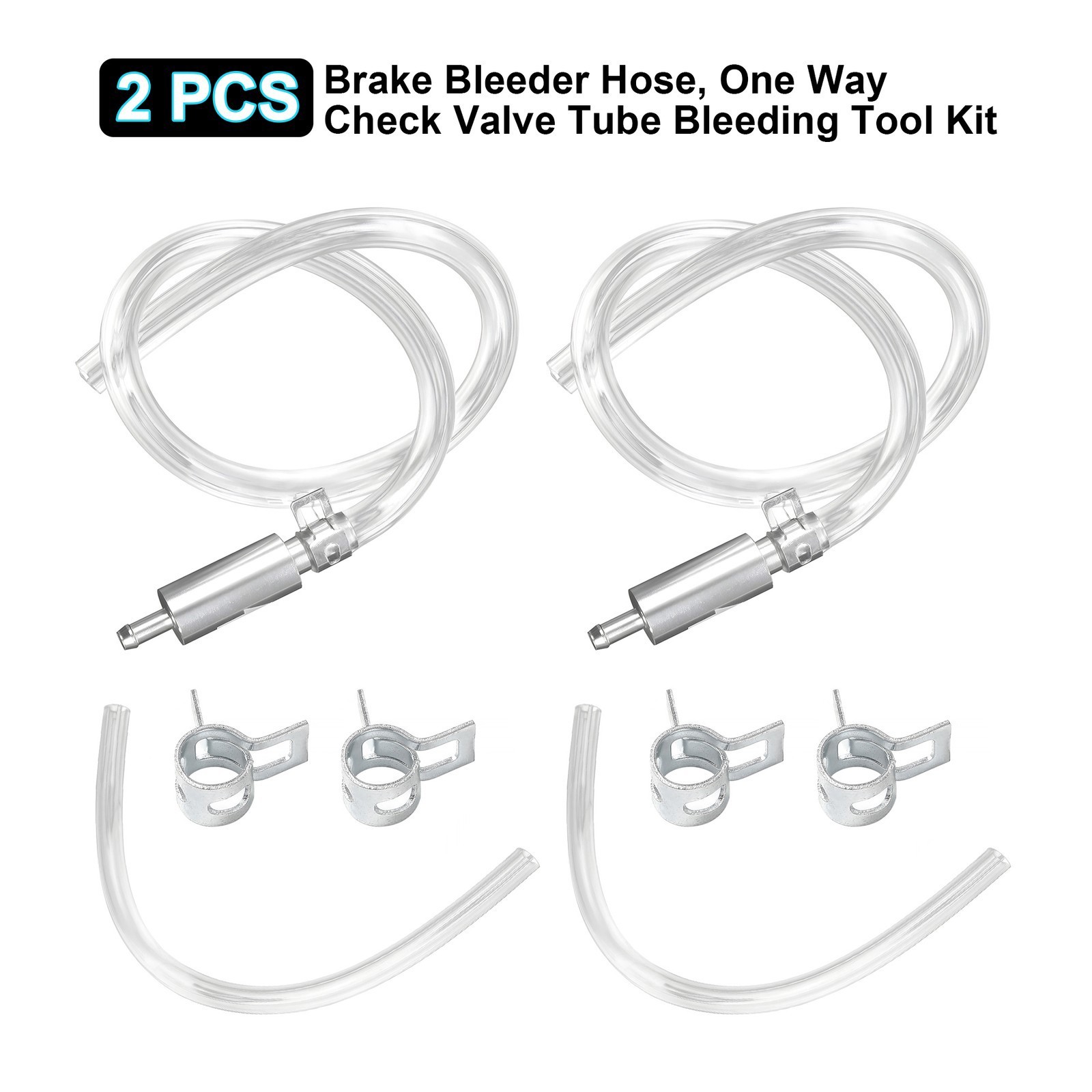 2 SET Universal One Way Brake Bleeder Kit Check Valve with Clear Hose & Clamps
