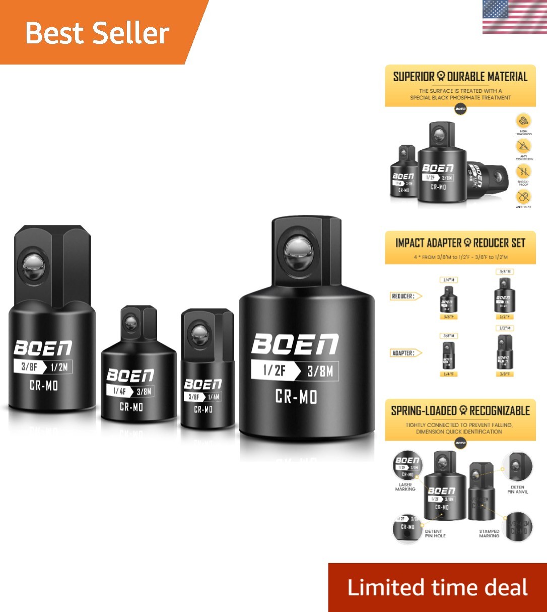 Versatile 4-Piece Impact Socket Adapter Set for Automotive & Industrial Use