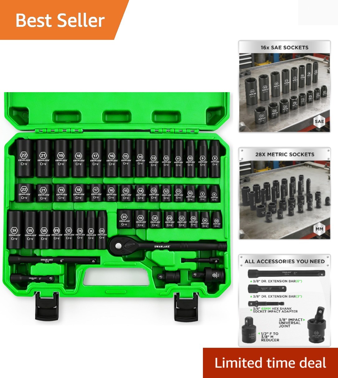 SWANLAKE 3/8» Drive Impact Socket Set, 50-Piece Standard SAE 5/16 to 3/4 inc…