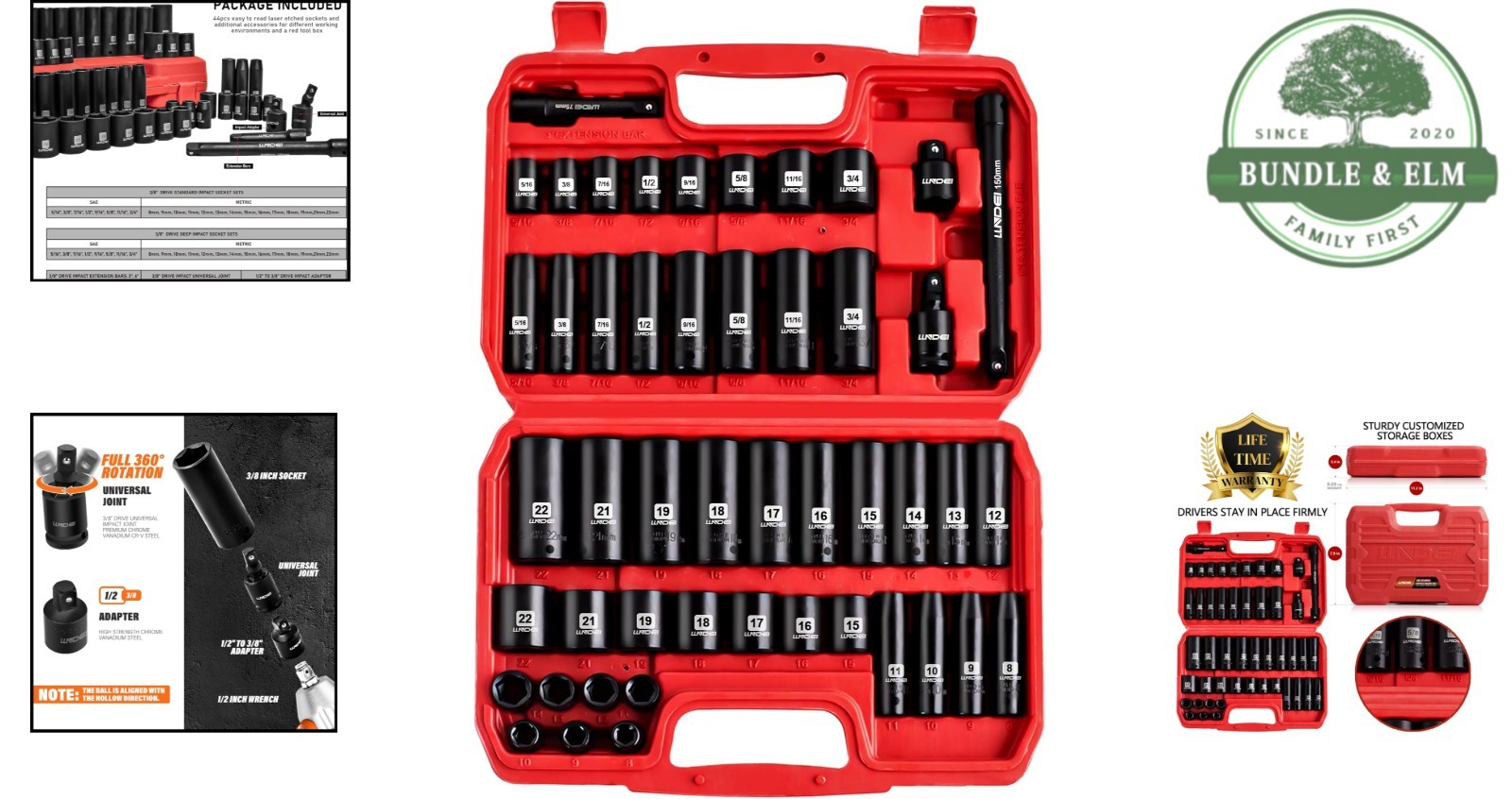 Chrome Vanadium Steel Impact Socket Set 3/8-Inch Drive with 1/2 to 3/8 Reducer